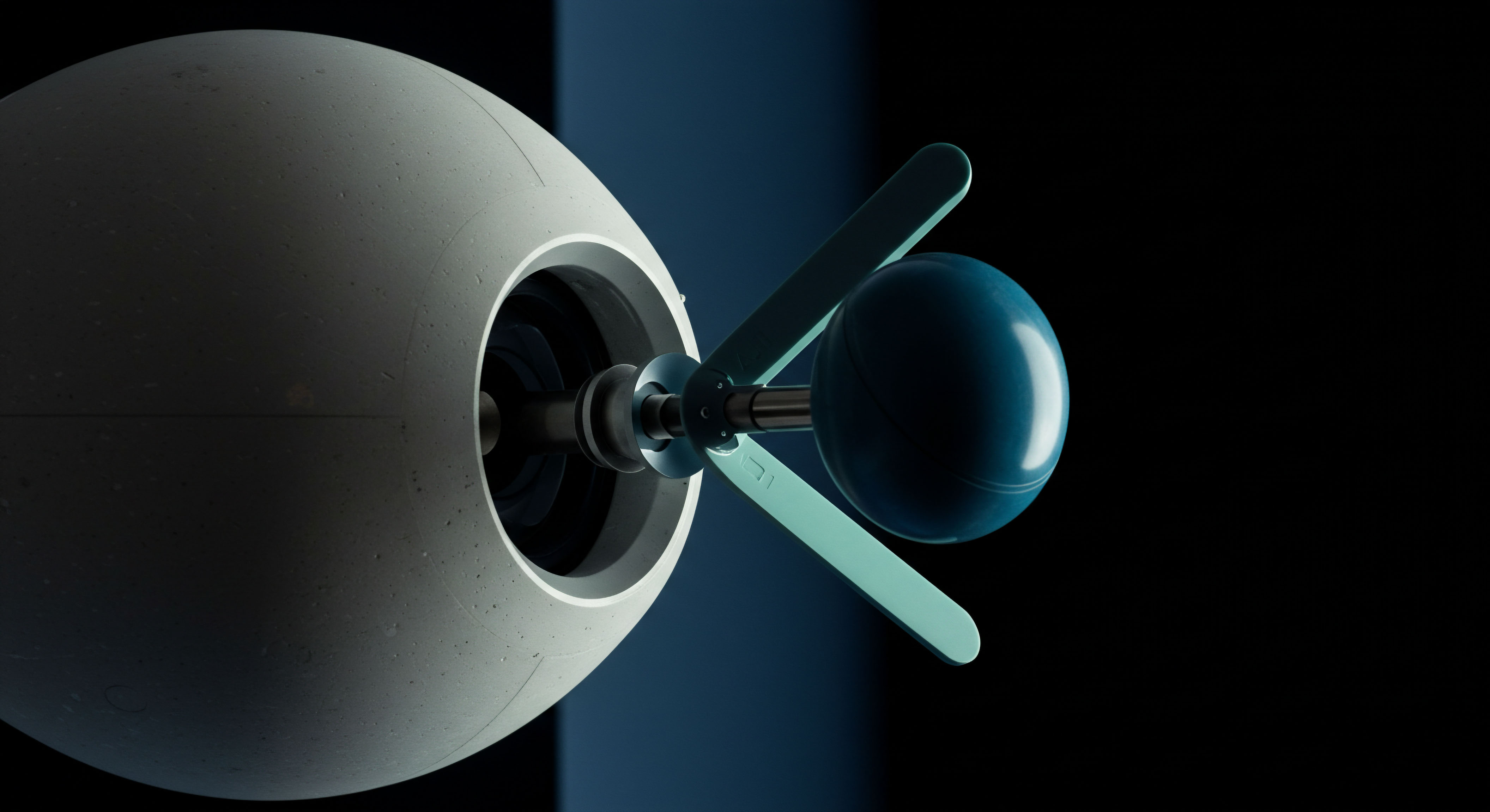 A close-up render depicts a mechanism extending from a textured gray spherical housing into absolute blackness. This apparatus features a central shaft culminating in a glossy, deep cyan orb, flanked by two pale aqua, vane-like elements, suggesting dynamic measurement or interaction. Conceptually, this represents the complex architecture of a cross-chain bridge or a decentralized autonomous organization governance mechanism constantly sampling market entropy. The textured housing mimics the robust yet imperfect nature of nascent blockchain infrastructure, while the extended sensor symbolizes the precision required for automated market maker arbitrage or setting parameters for exotic options contracts such as straddles or complex collars on perpetual futures. The black void signifies the regulatory ambiguity and systemic risk managed through rigorous on-chain verification and secure cryptographic attestations, essential for maintaining settlement finality in DeFi yield strategies.