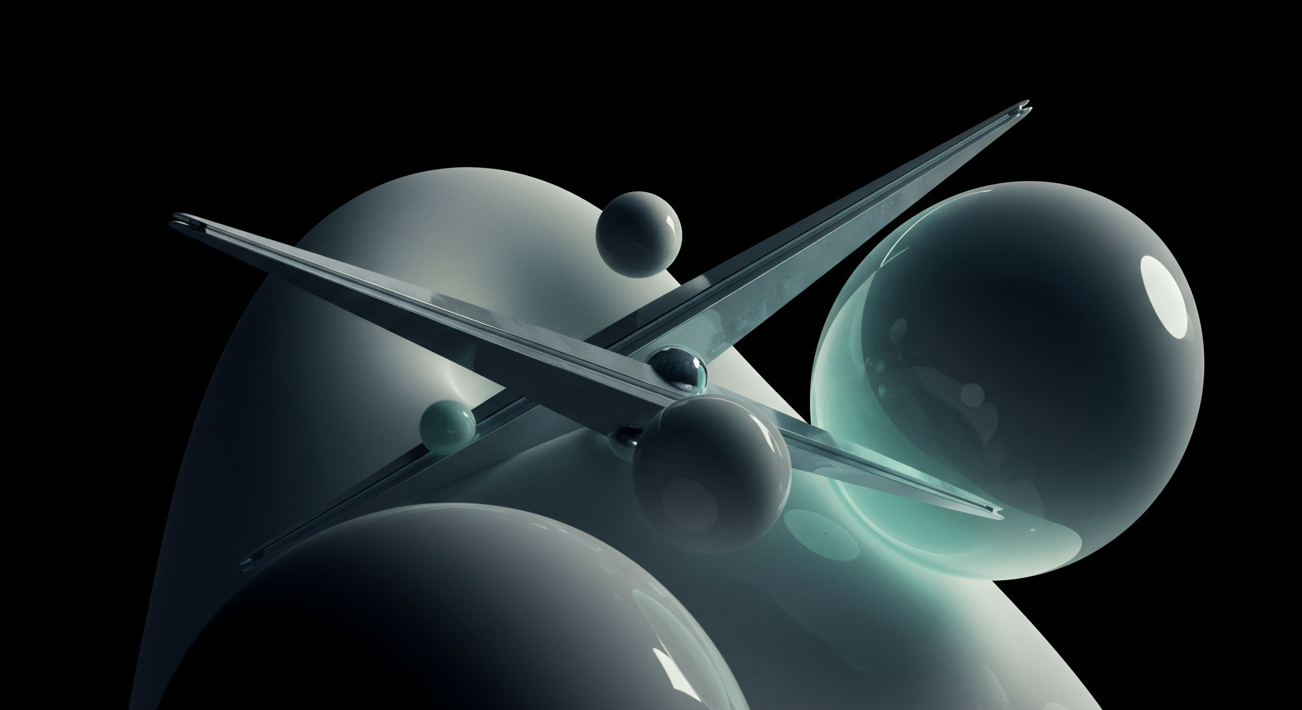 Monochromatic abstract composition features sharp metallic structural elements intersecting curvilinear, translucent spheres against an absolute black void, suggesting complex financial engineering. This visual represents the dynamic interaction within cryptocurrency structured products, specifically modeling interwoven risk mitigation strategies like collateralized debt positions or synthetic asset creation. The intersecting beams evoke cross-hedging methodologies employed against perpetual swaps, while the varying transparency of the spheres mirrors delta hedging effectiveness and implied volatility skew on options markets. The overall impression is one of high-leverage protocol architecture navigating stochastic dominance in decentralized finance mechanisms. The opaque spheres suggest realized value floors, contrasting with the faintly illuminated surfaces representing time decay exposure in expiry scenarios, crucial for calculating Greeks exposure in complex derivatives payoff profiles.