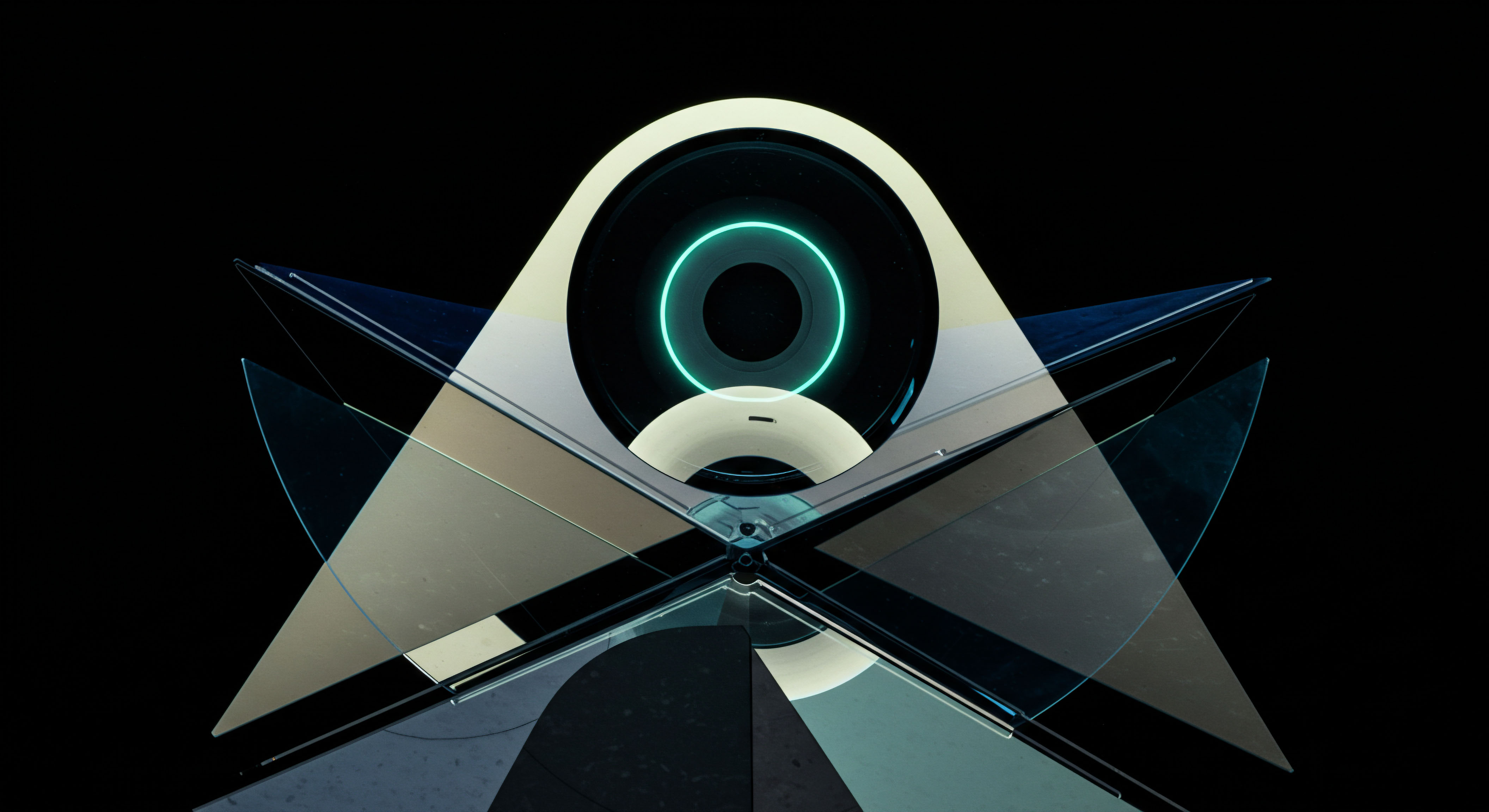 This abstract composition features overlapping planes of semi-transparent glass and opaque metallic surfaces set against an absolute black void, creating complex refractions and specular highlights suggesting sophisticated optical layering. The central element resembles a stylized aperture or a glowing cyan ring within a dark circular housing, perhaps symbolizing a digital ledger or an executed smart contract state. This visual architecture suggests the volatile mechanics of decentralized finance DeFi platform execution, specifically modeling layered option structures and volatility surface impacts on perpetual futures contracts. The intersecting geometric planes evoke the directional exposure inherent in complex derivatives strategies like synthetic delta hedging or risk reversal deployment against underlying asset volatility, perhaps mirroring the execution environment of an Automated Market Maker AMM interface facilitating non-custodial OTC trades. The cyan luminescence hints at real-time data flow or a liquidation threshold indicator in high-frequency trading environments.
