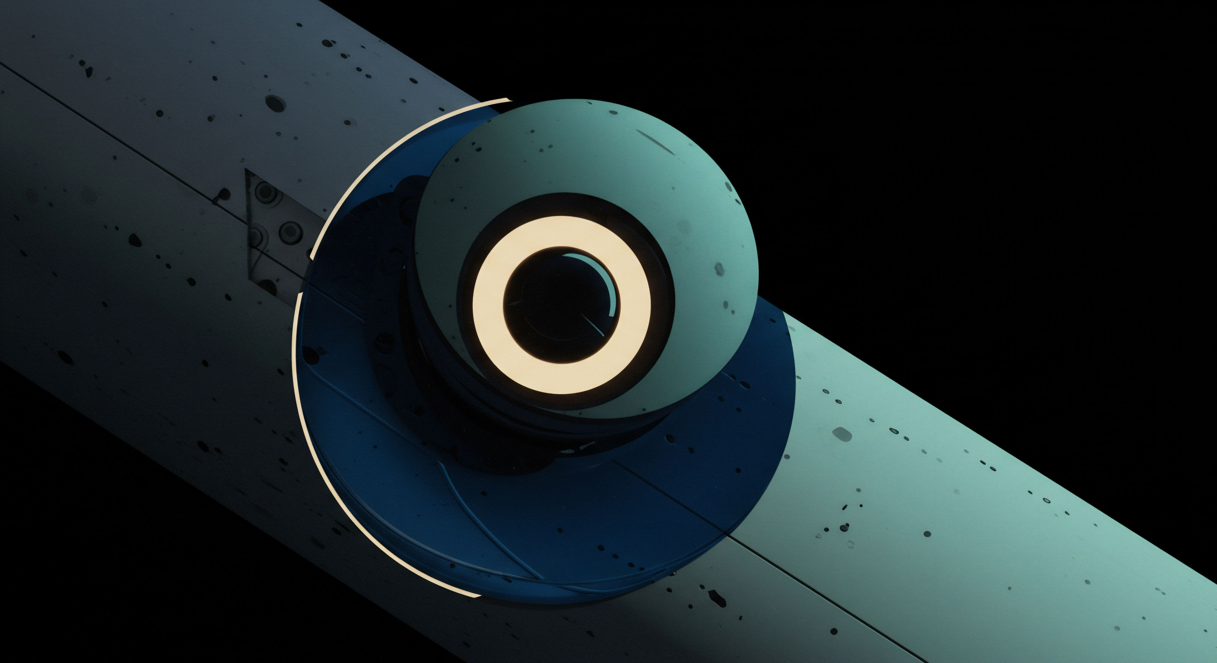A dark, highly stylized rendering focuses on concentric circular components overlaid upon a subtly textured, pale cyan cylindrical structure suggesting an extraterrestrial or advanced mechanical conduit. The luminous cream-colored ring acts as a focal point analogous to a high-frequency trading terminal display indicating an active price feed or a critical reference rate underpinning derivative pricing models. This composition evokes the complex interplay of on-chain data validation required for decentralized autonomous organizations and the delicate balance of implied volatility surfaces in options markets. The speckling on the surface resembles micro-meteorite impacts suggesting long-term exposure or accumulated systemic risk across the distributed ledger technology environment. Key concepts merge data integrity with stochastic modeling essential for accurately pricing perpetual futures contracts and managing counterparty credit risk within DeFi protocols.