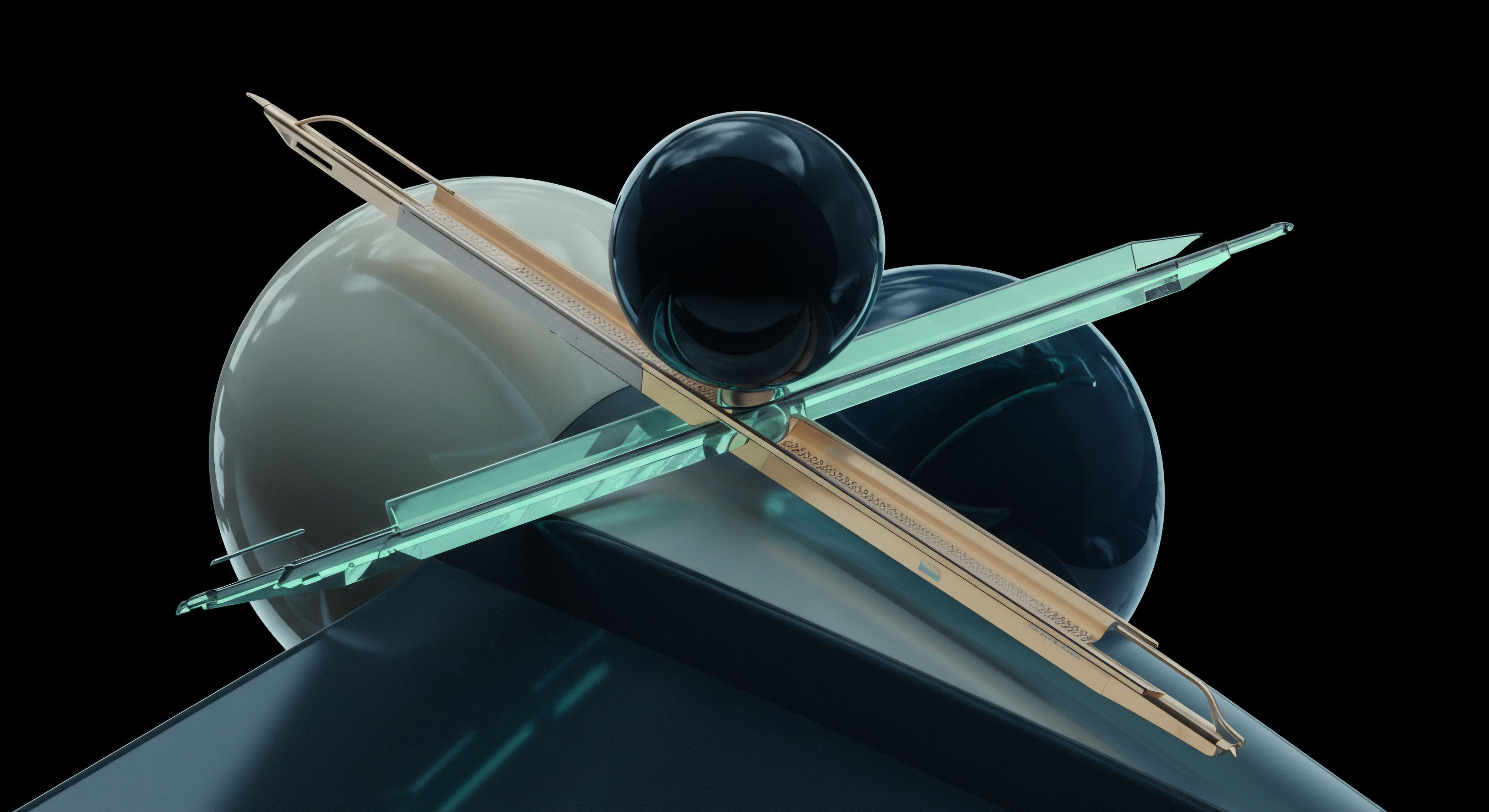 The rendering depicts intersecting, precision-machined metallic instruments overlaid upon polished, reflective orbs of varying opacities, set against an absolute black void. This composition metaphorically represents the complex intersection of collateral management and structured products within digital asset markets. The metallic cross structure symbolizes the binding agreement of an over-the-counter forward contract or a perpetual swap nexus, where counterparty risk is mitigated by verifiable deposited assets. The smooth, dark spheres evoke pooled liquidity reserves or the volatility surface of implied option pricing models like stochastic volatility models essential for exotic derivatives pricing. Precise calibration of these interwoven financial instruments ensures robust risk parameterization for decentralized exchange settlement mechanisms. This abstract depiction highlights the delicate balance required for synthetic asset creation and margin maintenance across layer-two scaling solutions, emphasizing collateralization ratios and slippage minimization inherent in high-frequency arbitrage strategies.