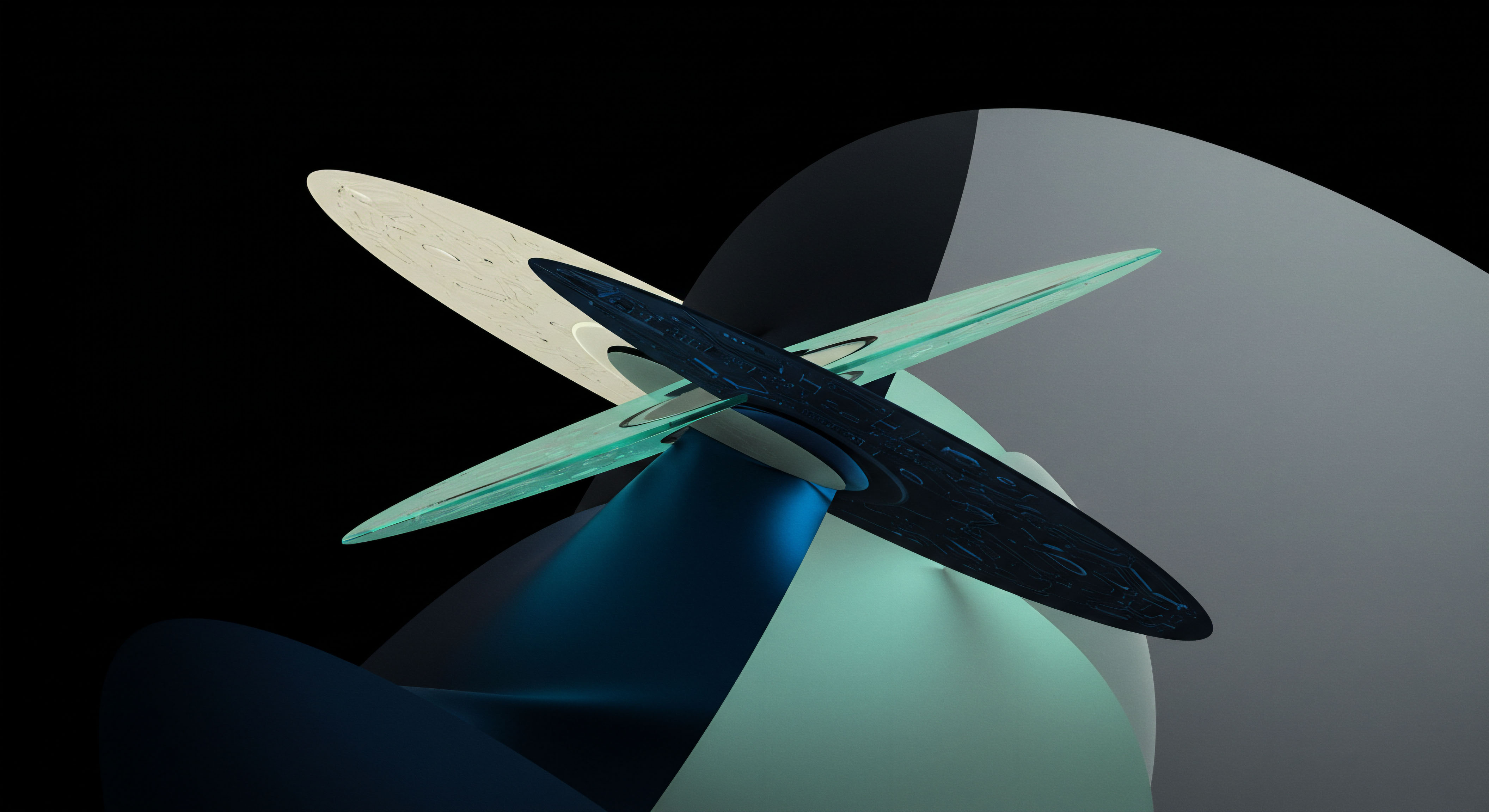 This abstract digital rendering displays intersecting, smooth, curvilinear surfaces suggesting complex topological arrangements critical for modeling decentralized finance volatility surfaces. A central dark textured ellipse crosses a luminous teal planar structure and a pale off-white surface, symbolizing interwoven risk exposures in perpetual swaps and leveraged margin trading against underlying asset volatility skew. The dark blue base hints at deep liquidity pools or fundamental blockchain consensus mechanisms supporting these high-dimensional financial constructs. Key concepts include implied volatility surfaces exotic options structures synthetic asset replication and dynamic delta hedging algorithms essential for automated market making strategies in decentralized exchanges executing requests for quote protocols.