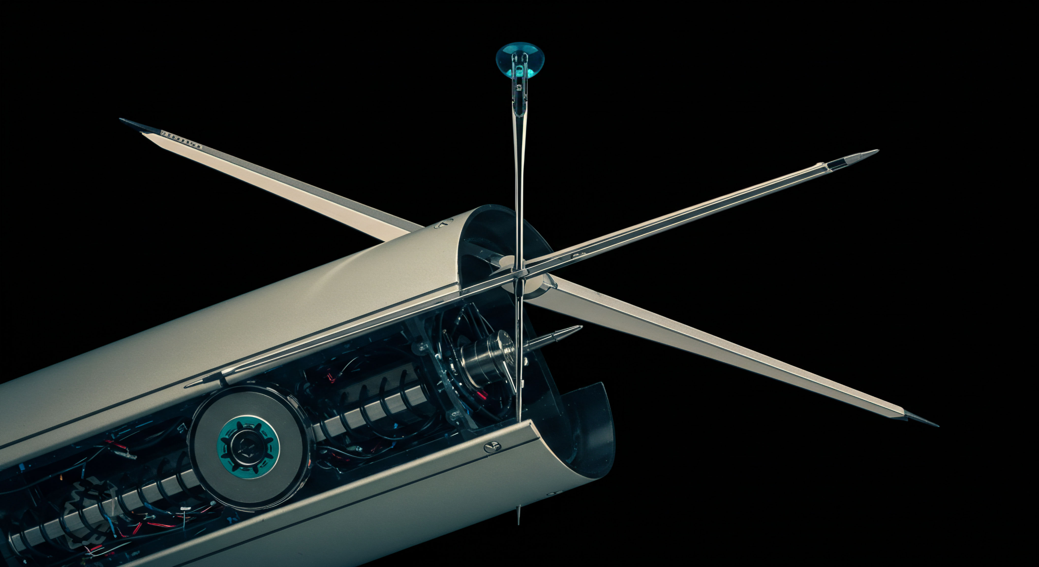 The exposed cross-section reveals complex internal circuitry a stark metallic shell housing a sophisticated mechanism suggesting the internal architecture of a high-security decentralized autonomous organization hardware module or perhaps a secure cold storage seed phrase generator. Four sharp, elongated fins extend radially against the void, potentially symbolizing deployment vectors for distributed ledger node connectivity or rapid settlement mechanisms. Visible internal components include a rotating element resembling a high-precision clockwork or a magnetic storage medium indicative of private key entropy sources or cryptographic nonces integral to multi-signature schemes and decentralized finance collateral management within the digital asset ecosystem. This precision engineering mirrors the low-latency requirements for effective options market making arbitrage strategies across uncorrelated crypto exchanges necessitating rigorous time-stamping protocols for derivative contract finality.