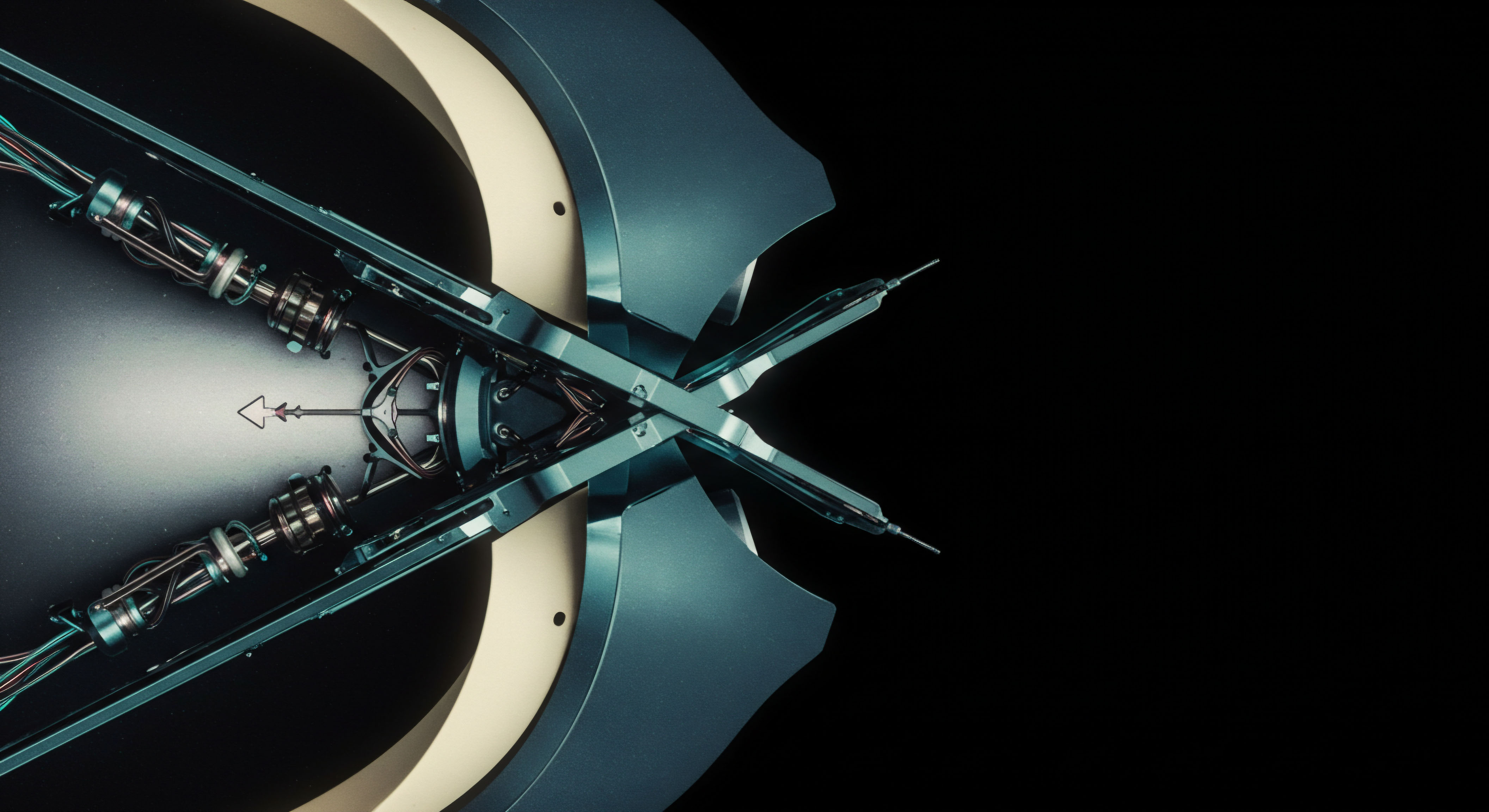 This stylized visualization presents intricate electromechanical actuators resembling intersecting arrowheads against a deep void and muted beige arc, suggesting high-precision technological execution within decentralized finance architecture. The metallic teal mechanisms, featuring bundled conduits resembling complex wiring harnesses and finely machined ferrules, embody the rigorous settlement finality required for complex financial instruments. Concepts like collateralized debt positions smart contracts and automated market maker invariant calibration are implied by this symmetric yet dynamic construction. This visual metaphor speaks to the atomic nature of cross-exchange liquidity provisioning and the robust infrastructure underpinning non-custodial protocol interaction vital for advanced derivative yield generation.