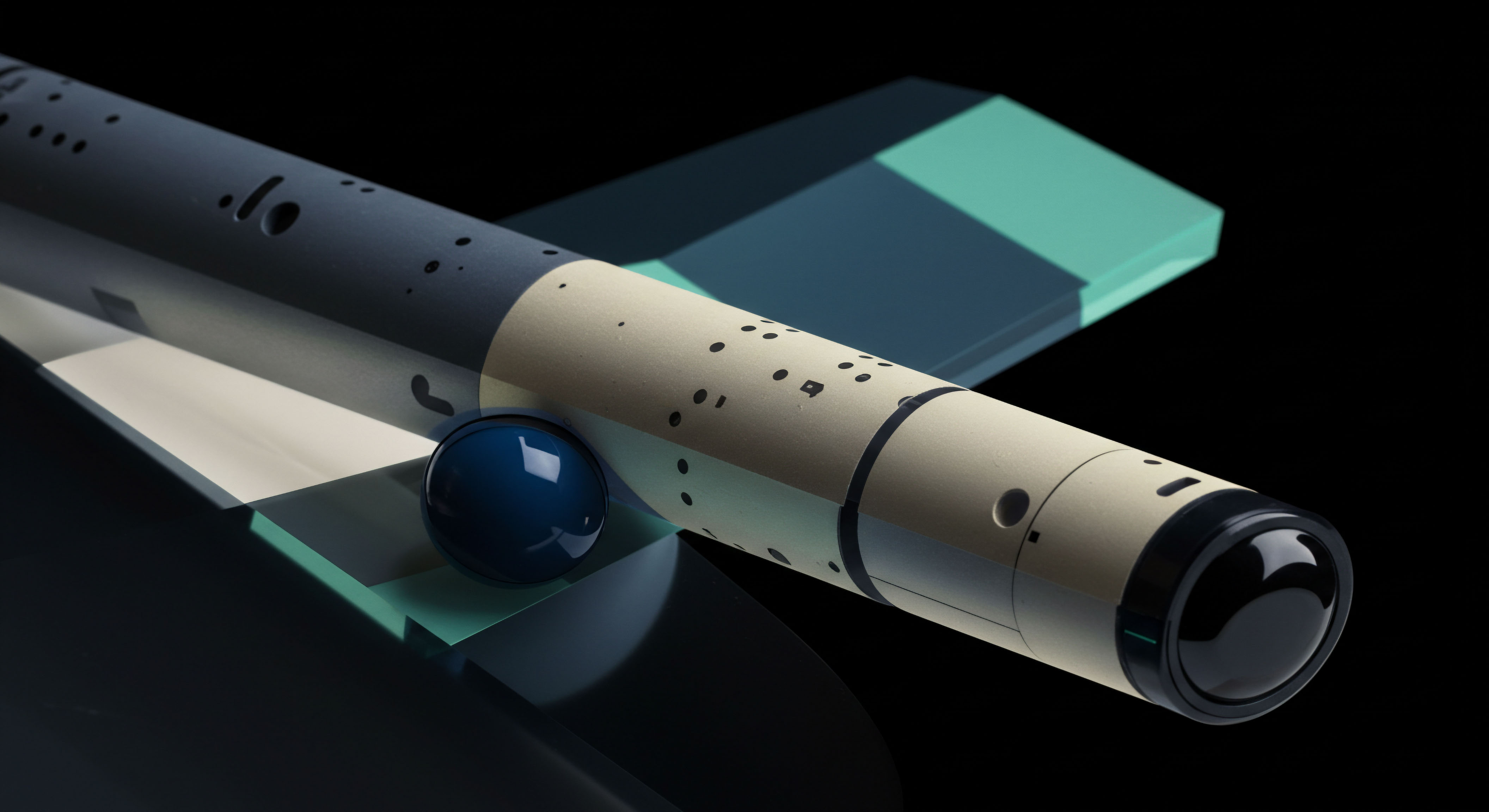 This composition illustrates a highly stylized, segmented missile-like structure suggestive of precise trajectory mapping within decentralized finance. The tan and dark gray fuselage, dotted with calibration markings, resembles a complex financial instrument's lifecycle. A reflective dark blue sphere rests near stabilizing fins exhibiting teal and charcoal geometric patterning, symbolizing optimal portfolio hedging mechanisms or perhaps a specific non-fungible token asset acquisition point. This visualization evokes the rigorous quantitative analysis required for calculating option Greeks like Vega and Theta across volatile decentralized exchange liquidity pools. The overall aesthetic mirrors the disciplined execution of high-frequency delta-neutral strategies applied to perpetual swap contracts, ensuring robust capital preservation against unpredictable market microstructure shifts and systemic risk exposure inherent in novel crypto asset class valuation models.