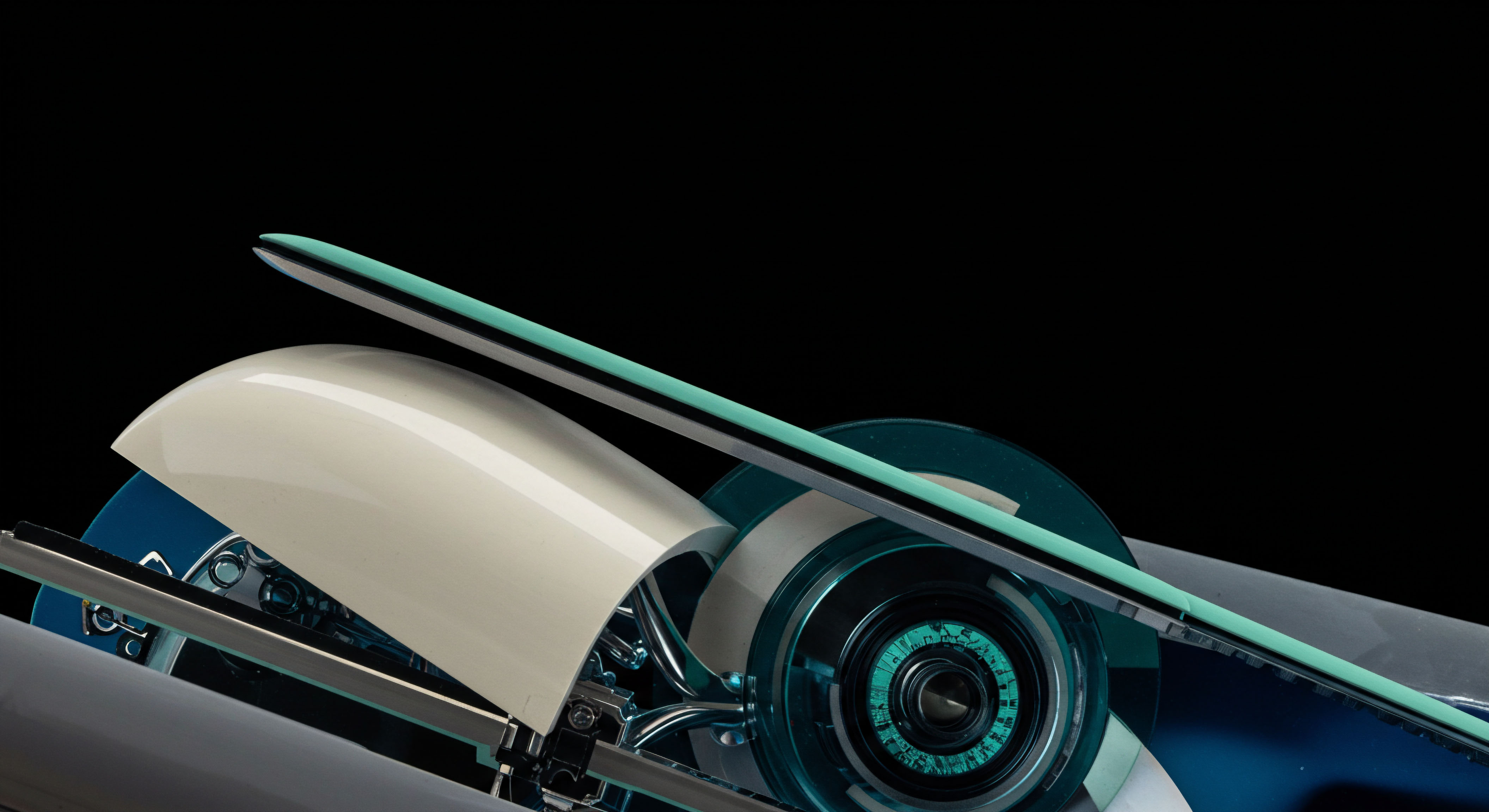 This macro detail showcases polished ivory enamel shielding complex teal circular gearing perhaps symbolizing the opaque yet precise mechanics of automated market maker liquidity pools and yield farming instruments. The sharp aqua-tinged planar element suggests a high-frequency execution path or perhaps the delicate structure of an exotic option payoff diagram like a butterfly spread over underlying volatile digital assets. The intricate internal chromework hints at the underlying smart contract architecture managing collateralized debt positions and synthetic asset issuance protocols essential for decentralized perpetual futures trading mechanisms. This aesthetic reflects the fusion of vintage industrial design with cutting-edge cryptographic financial engineering demanding deep understanding of delta hedging strategies and basis risk management within permissionless ecosystems. Ten key terms are asset tokenization synthetic collateralization Black Scholes Greeks volatility skew algorithmic execution decentralized derivatives oracle feed and settlement finality.