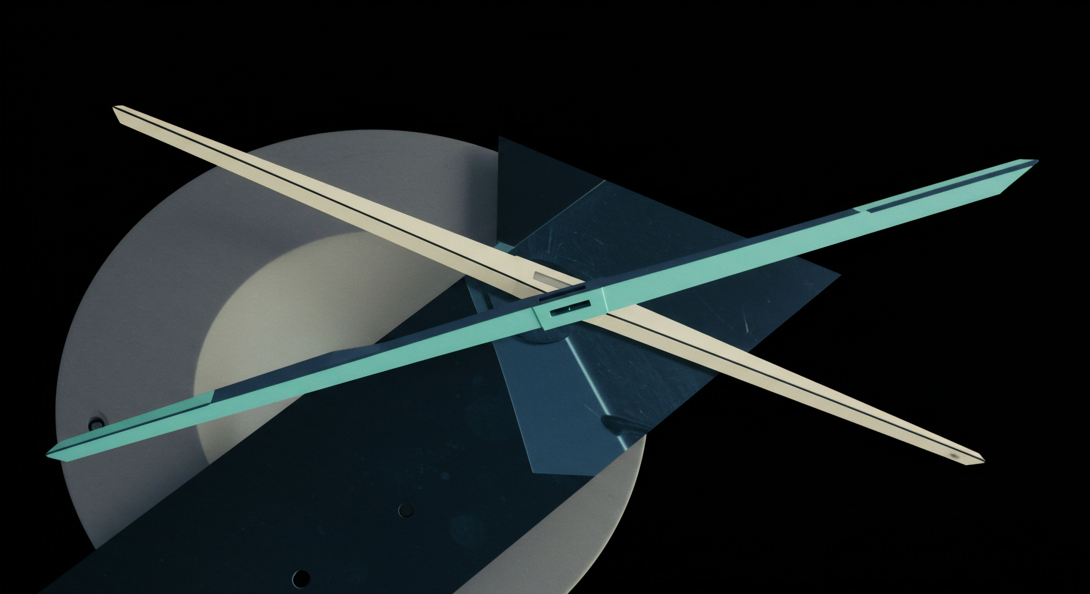 This stark visual juxtaposition of crossing, linear elements over layered geometric planes evokes the dynamic tension inherent in complex structured products like crypto perpetual swaps. The longer, cyan-hued instrument represents a prominent market position, perhaps an out-of-the-money call option payoff structure, slicing across the shorter beige vector signifying baseline asset valuation or time decay theta. The dark, angular substrate underneath suggests the opaque, risk-managed environment of institutional block trades or sophisticated DeFi yield farming strategies. It symbolizes the precise execution required for arbitrage against impermanent loss exposure, managing synthetic asset exposure, and navigating bid-ask spreads in low-liquidity order books where slippage is a critical factor in total return.