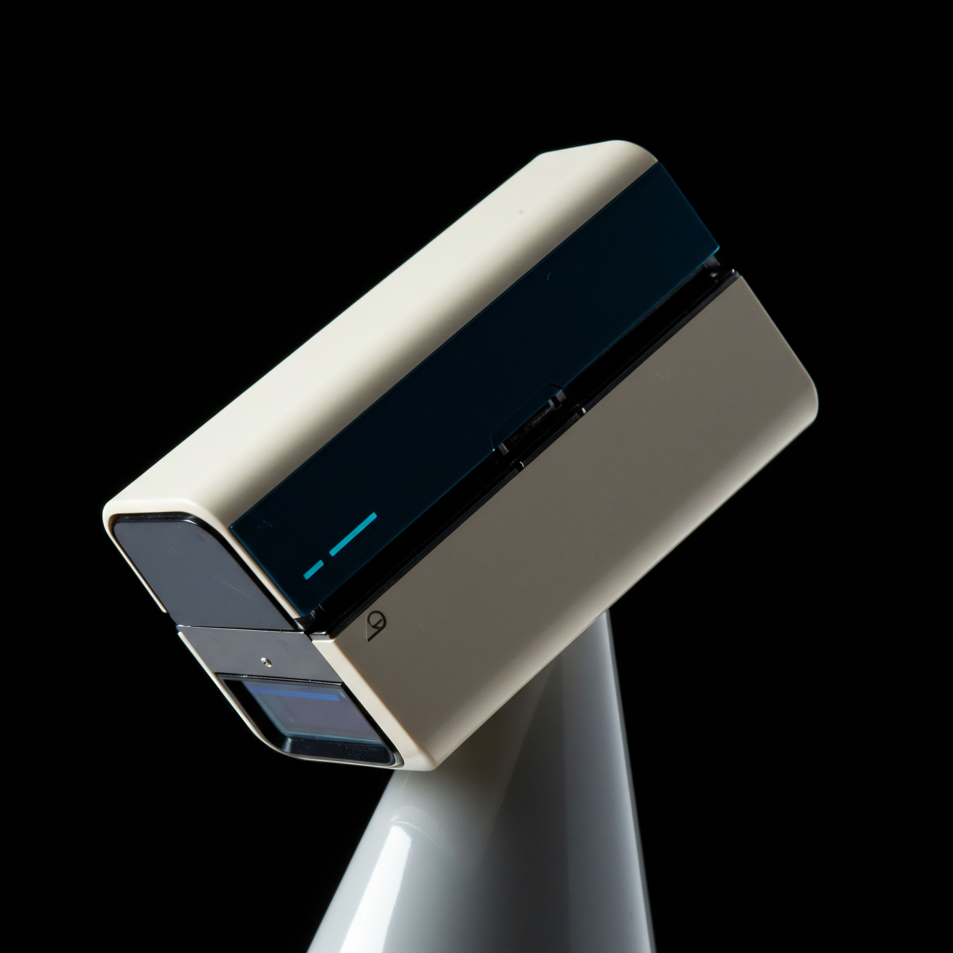 The off-white cylindrical device mounted on a conical base displays sleek, minimalist aesthetics suggesting advanced ledger technology integration. A dark, recessed central band features a thin, luminous cyan indicator line, mimicking a real-time delta hedge status or potential margin call notification signal within a decentralized exchange environment. This visual architecture evokes the rigorous, low-latency infrastructure required for sophisticated synthetic asset issuance and complex volatility surface calibration for perpetual swaps. The small lens aperture suggests an on-chain identity verification module or biometric key management for cold storage wallet access, emphasizing robust security protocols against front-running attempts in high-frequency algorithmic trading strategies involving exotic options strategies like variance swaps on stablecoin pegs. The design represents the convergence of hardware security module precision with decentralized finance governance mechanisms.