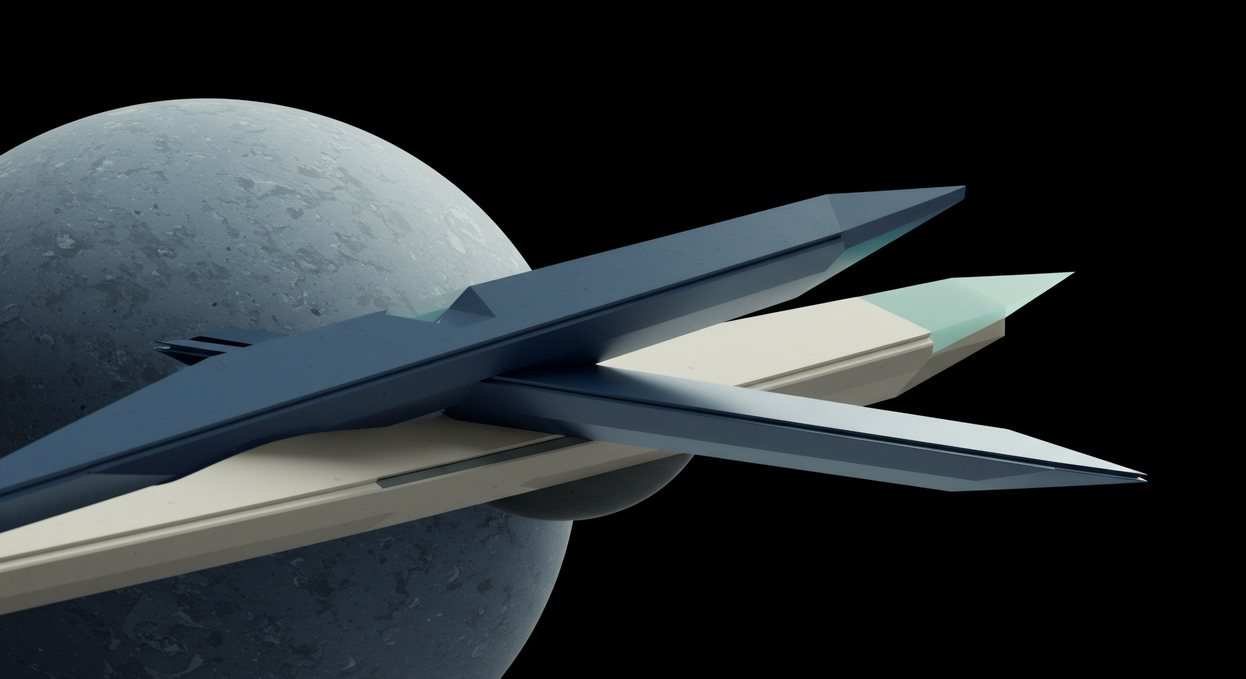 Sleek, sharply angled geometric forms in muted blue and cream hues intersect before a heavily cratered, monochromatic celestial body, suggesting an avant-garde spacecraft or complex structure against deep space. This visual metaphor represents the high-velocity execution inherent in modern market microstructure, specifically the convergence of decentralized finance DeFi protocols with centralized exchange CEX order books for perpetual swaps. The overlapping vectors evoke layered strike prices or intersecting delta hedging strategies within exotic option constructs. It symbolizes the cutting edge of liquidity provisioning and slippage minimization, essential for successful basis trading across cross-chain arbitrage pools where minimal latency dictates alpha capture relative to implied volatility surface skew. The structure suggests robust infrastructure for managing systemic risk in synthetic asset replication.