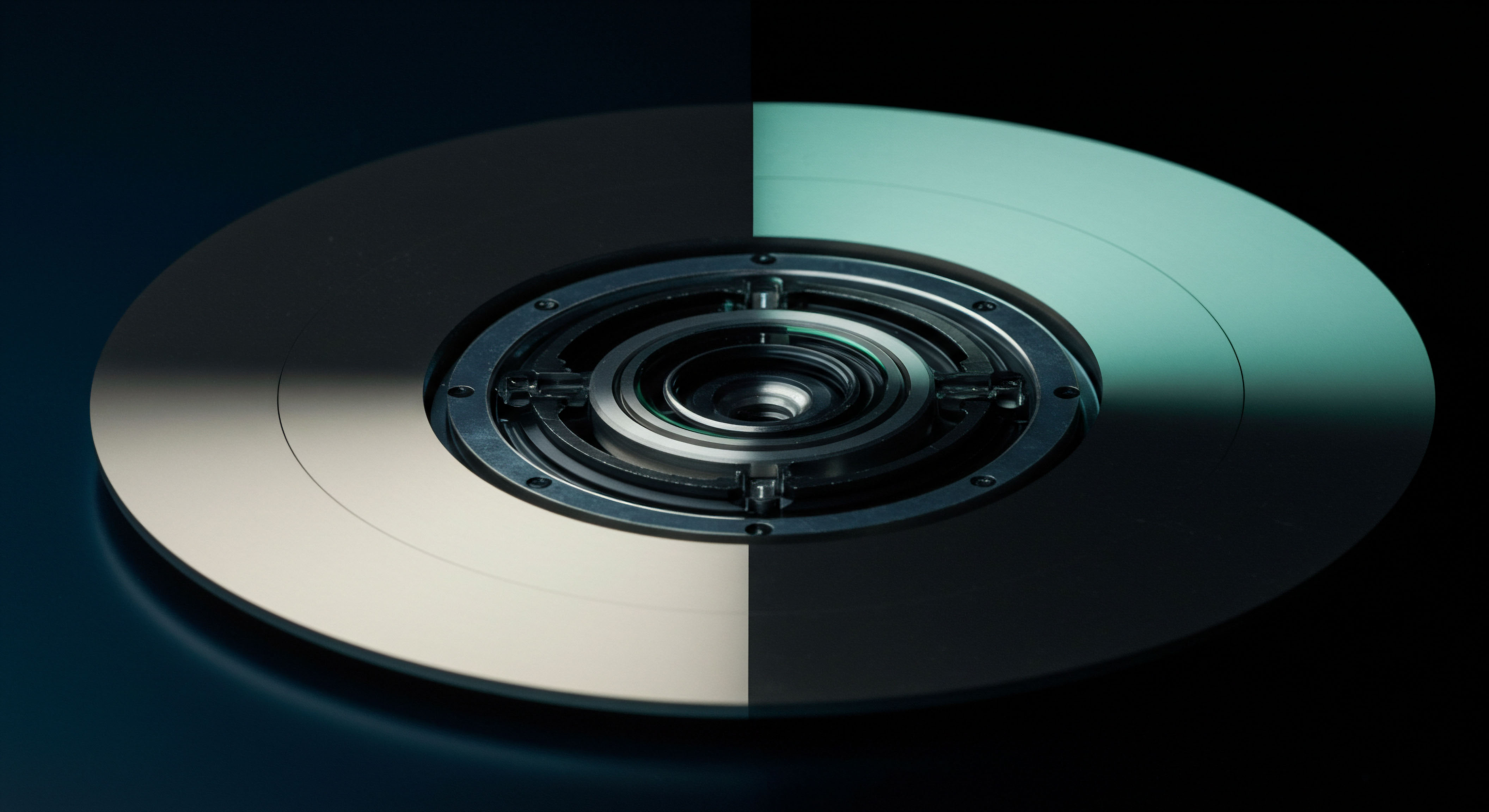 This highly technical rendering depicts a metallic, concentric disc structure suggesting an intricate mechanism like a complex hardware wallet security module or perhaps a visualized block structure. The surface is bisected by dramatically contrasting lighting, symbolizing bifurcated market sentiment or potential outcomes in digital asset deployment. The core exhibits fine mechanical detail reminiscent of decentralized autonomous organization governance mechanisms or high-frequency trade matching engines. Keywords integral here include Impermanent Loss Hedging strategies, Liquidation Cascade mitigation frameworks, Zero-Knowledge Proof verification symmetry, Basis Trading arbitrage visibility, and the volatile nature of Implied Volatility Skew influencing decentralized finance protocol valuations for synthetic assets. This structure represents the delicate equilibrium required in structuring exotically layered perpetual swaps.