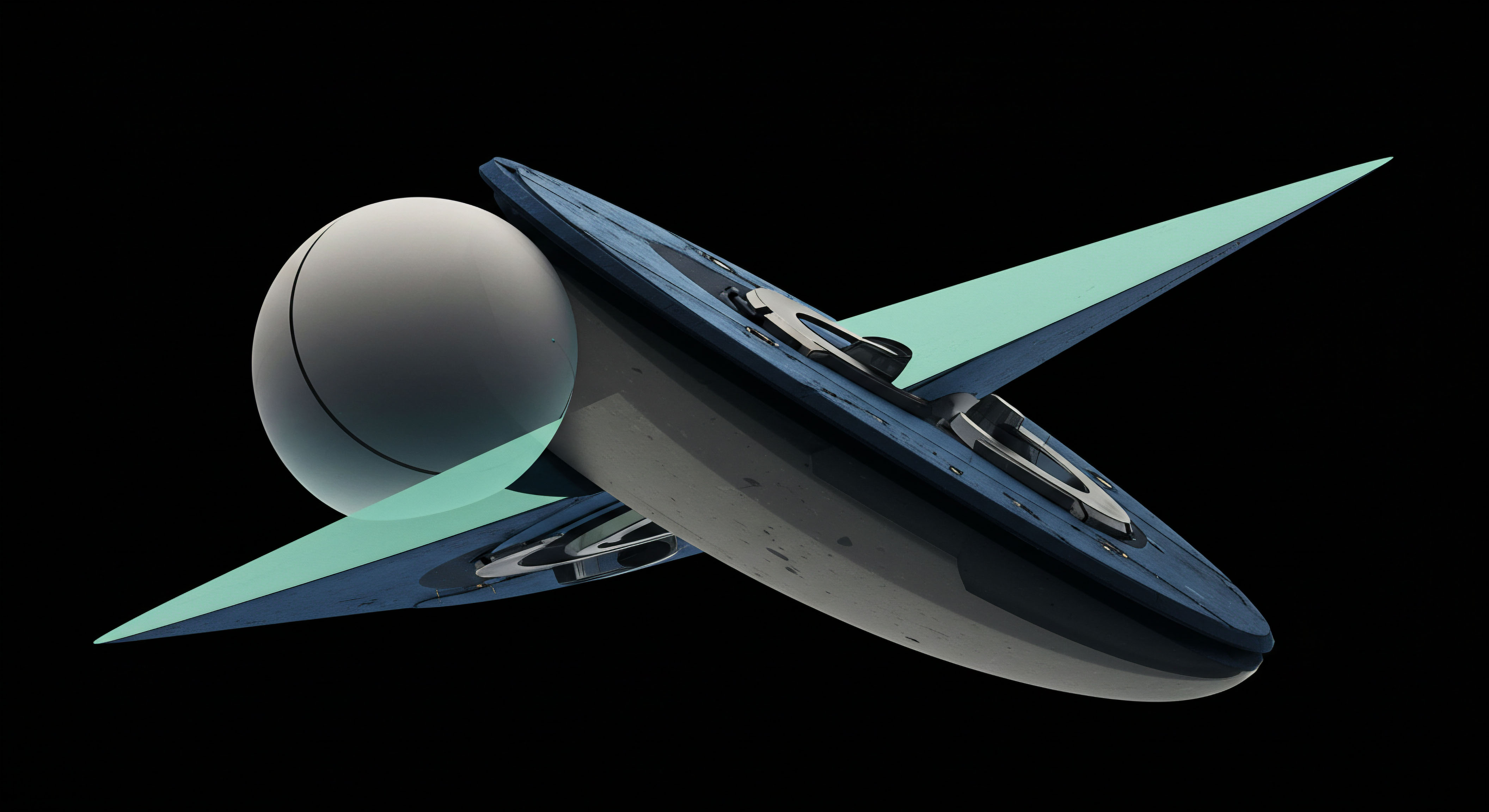 A smooth, matte gray spheroid, resembling an uncorrelated asset, intersects a highly angular, sharp-edged blue platform featuring metallic actuation mechanisms akin to complex option strike selectors. Pale cyan stabilizers project outward indicating high directional momentum or delta hedging maneuvers across the stochastic volatility landscape. This visualization encapsulates the delicate convergence of decentralized ledger technology assets with engineered financial instruments like exotic options or perpetual futures contract structuring where precision parabolic movement dictates settlement outcomes. The stark black background emphasizes the isolation of this complex algorithmic interplay perhaps representing dark pool execution or out-of-the-money positioning within decentralized finance environments demanding superior risk parity management against market fragmentation.