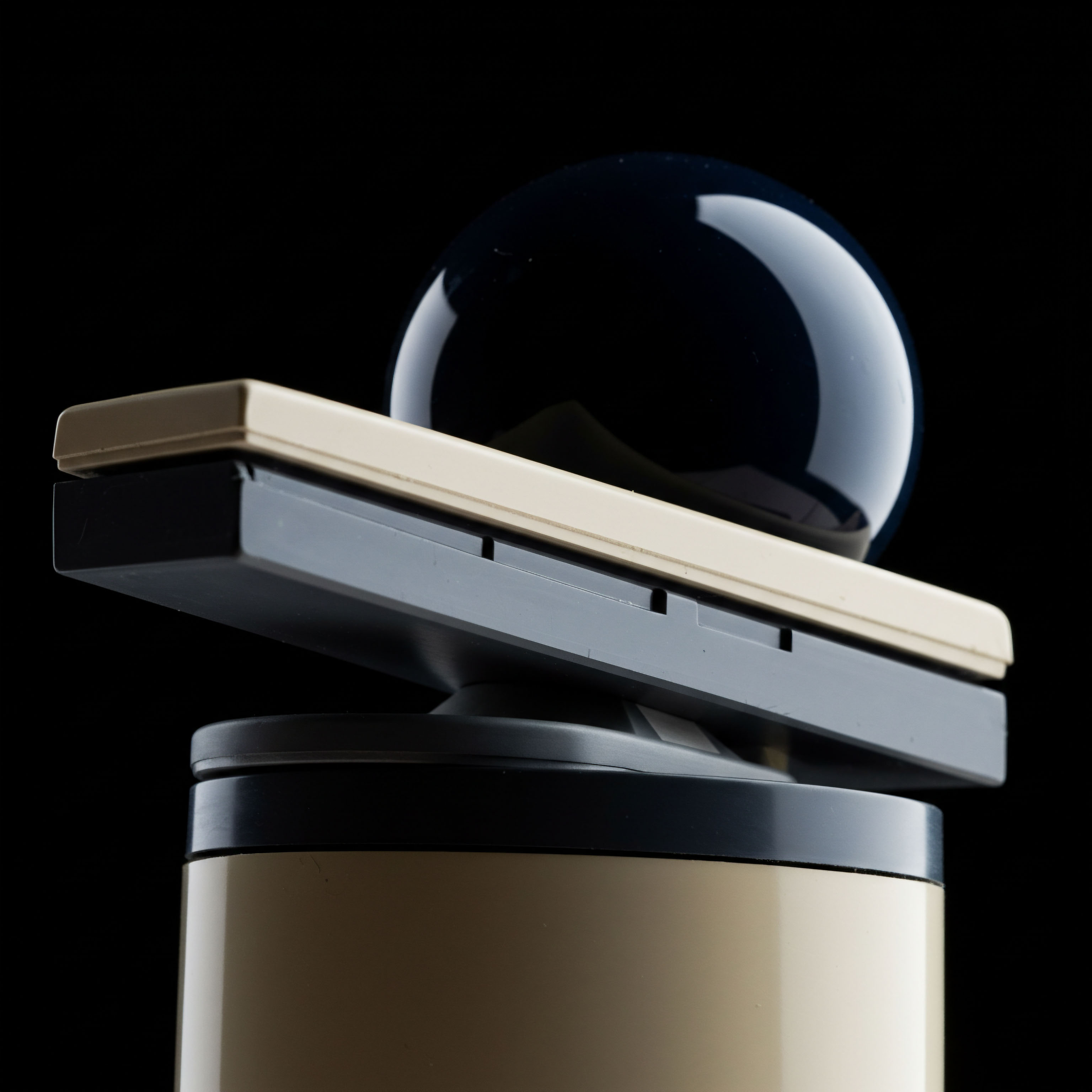 This composition depicts a dark high-gloss sphere resting atop stratified geometric forms in muted beige and charcoal tones against absolute blackness suggesting latent market potential. The structure symbolizes the calibration of implied volatility skew within perpetual swap contracts an abstract representation of capital efficiency. The glossy orb reflects ambient light mimicking the opacity or transparency inherent in Black Scholes modifications applied to novel blockchain-native structured products. Precision tooling illustrates the execution fidelity required for efficient options market making necessitating robust oracle feeds for real-time settlement layer reconciliation bypassing counterparty risk. This artifact visualizes the complex interplay between asset price discovery and strike price determination across regulated digital asset exchanges.