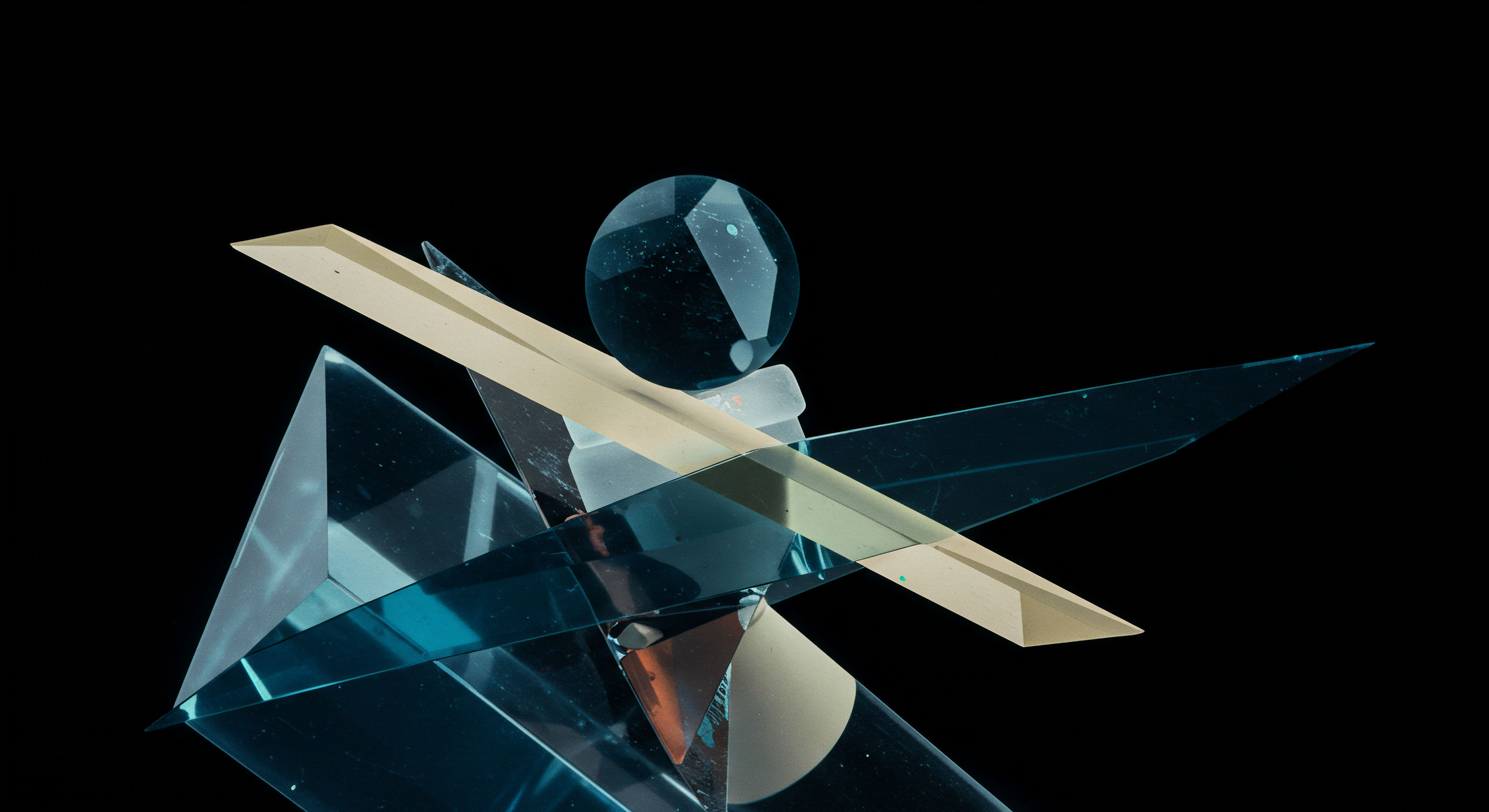 This composition features crystalline blue polyhedral structures intersecting with translucent planes and a central dark sphere, resembling a complex derivative payoff diagram. The sharp angles suggest immediate execution risks associated with high-leverage perpetual futures contracts. The juxtaposition of opaque and transparent elements mirrors the interplay between realized and implied volatility skew in structured products. The central orb acts as the underlying asset price movement, where disparate geometric wings symbolize the asymmetric exposure of an exotic option like a discrete barrier or a lookback contract. This visual metaphor encapsulates stochastic modeling challenges in decentralized finance yield curve construction and rapid delta hedging requirements during abrupt market regime shifts within decentralized autonomous organizations governance protocols. The faint tan band traverses the structure denoting a critical strike price threshold impacting final settlement mathematics for non-linear synthetic instruments.