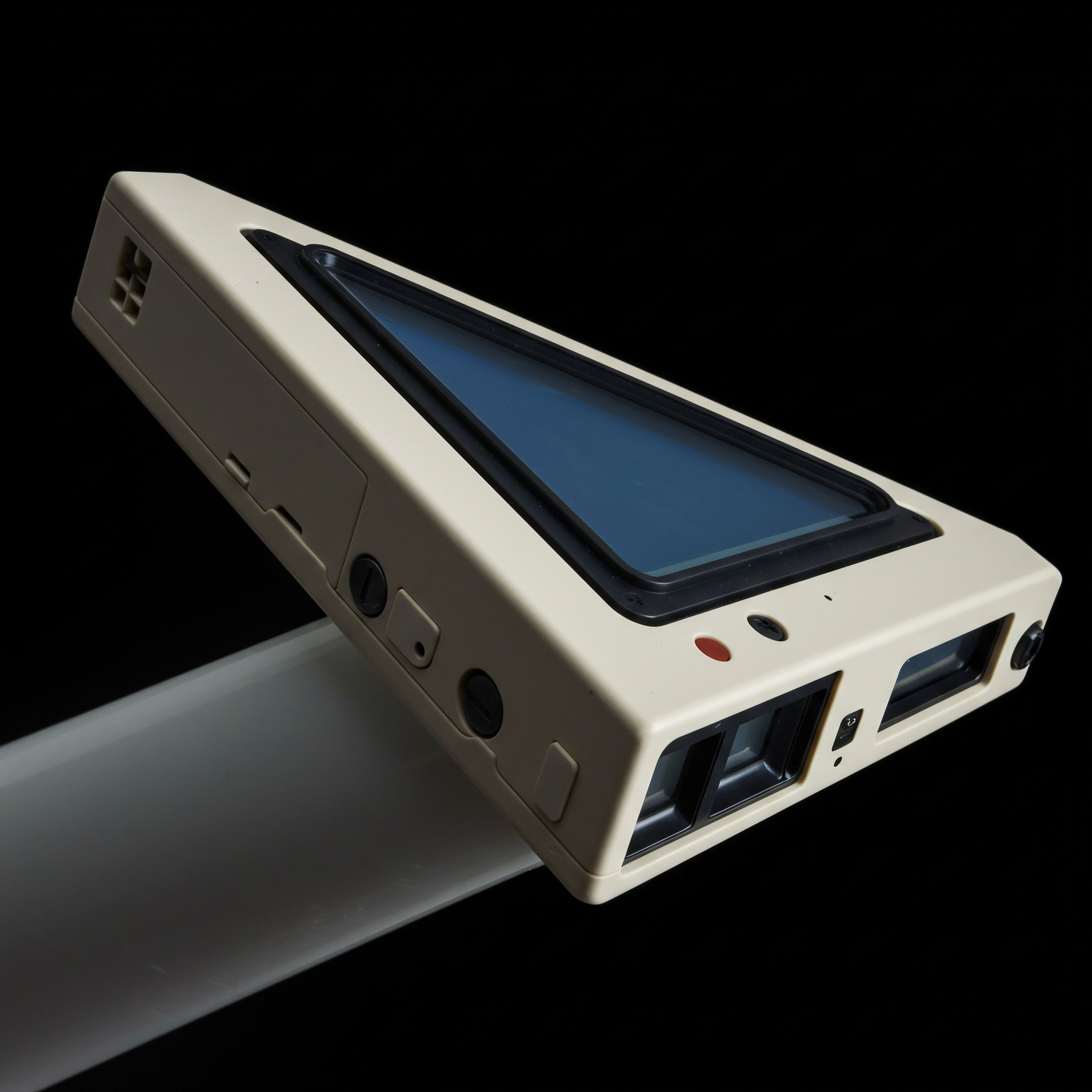 This oblique view captures a cream-colored, trapezoidal electronic apparatus featuring a dark, elongated display screen angled upward. The front fascia exhibits dual optical apertures suggesting stereoscopic or range-finding capability crucial for off-chain data ingestion regarding volatile asset pricing models. Integrated tactile input points and indicator lights hint at direct user interaction within complex execution protocols. Conceptually, this device symbolizes the physical interface for managing smart contract parameters, perhaps visualizing real-time oracle feeds impacting decentralized perpetual futures settlement or validating governance token voting weight distribution within a DeFi primitive ecosystem, mirroring the need for tangible interaction despite systemic blockchain abstraction across liquid staking derivatives.