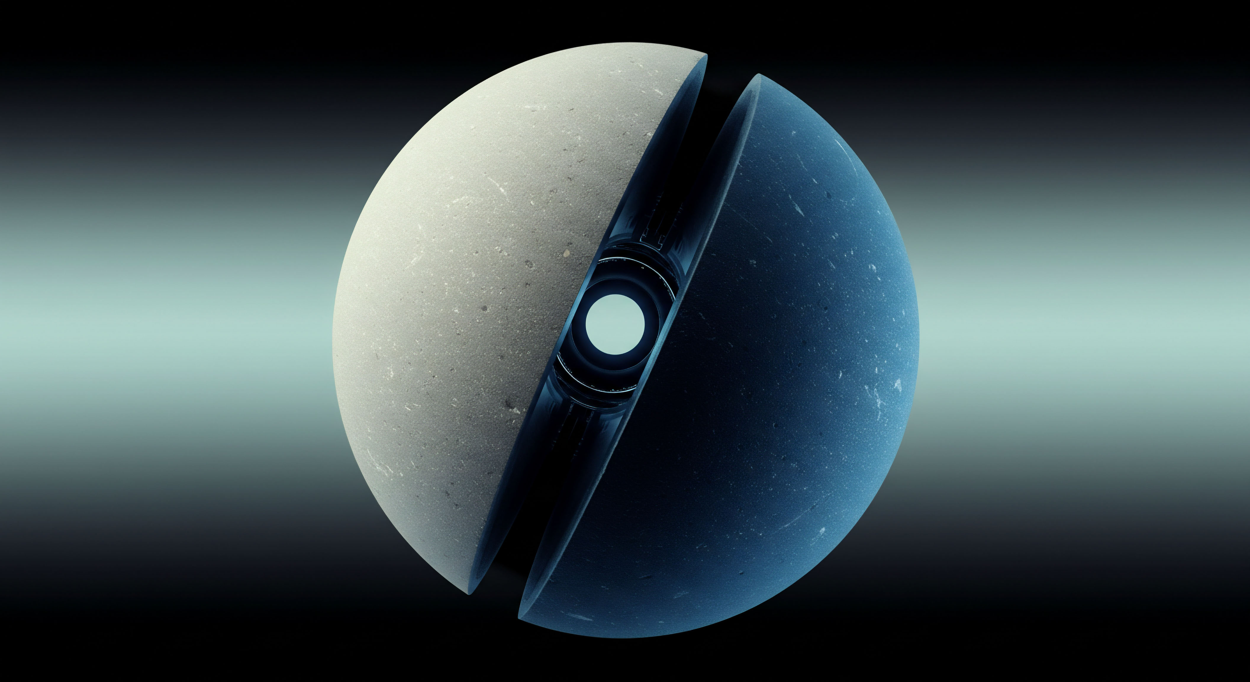 The visual presents a conceptual rendering of a perfectly spherical digital asset token bisected along a radial plane, exposing a complex, layered internal mechanism glowing with an ethereal cyan core light. This structure symbolizes the atomic composition of decentralized finance primitives such as perpetual swap contracts or volatility surfaces embedded within blockchain architecture. The external texture, split between matte white and deep indigo, mirrors asymmetric custody states or divergent market sentiment influencing liquidation thresholds. The exposed interior cavity represents the secure enclave or smart contract execution environment where deterministic settlement mechanisms for exotic derivatives like options tranche structures are finalized, embodying transparent yet complex on-chain financial engineering and verifiable state transitions beyond centralized exchange counterpart risk.