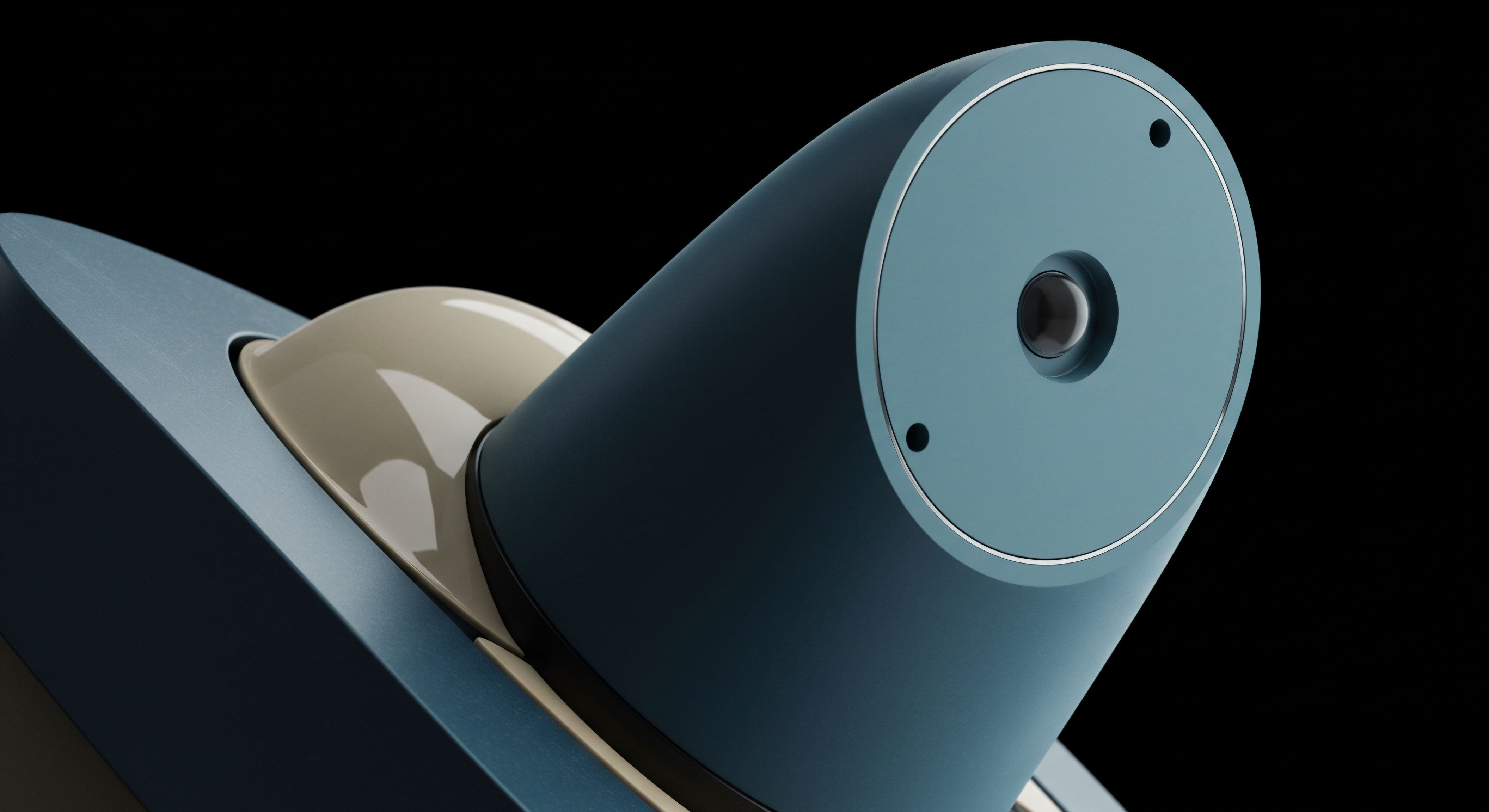 This high-contrast render displays smooth, curved geometries in matte slate blue and polished cream juxtaposed against absolute black void suggesting advanced hardware or software architecture. The central element features a precise optic aperture suggesting sensor input or oracle data ingress essential for algorithmic execution. This visual metaphor encapsulates the secure custody and transparent mechanism underlying decentralized finance settlement layers, particularly concerning complex structured products. Key concepts include automated market maker resilience, layer two scaling throughput, non-fungible token vault management, and smart contract audit integrity in high-frequency options arbitrage strategies necessitating low latency data feeds.