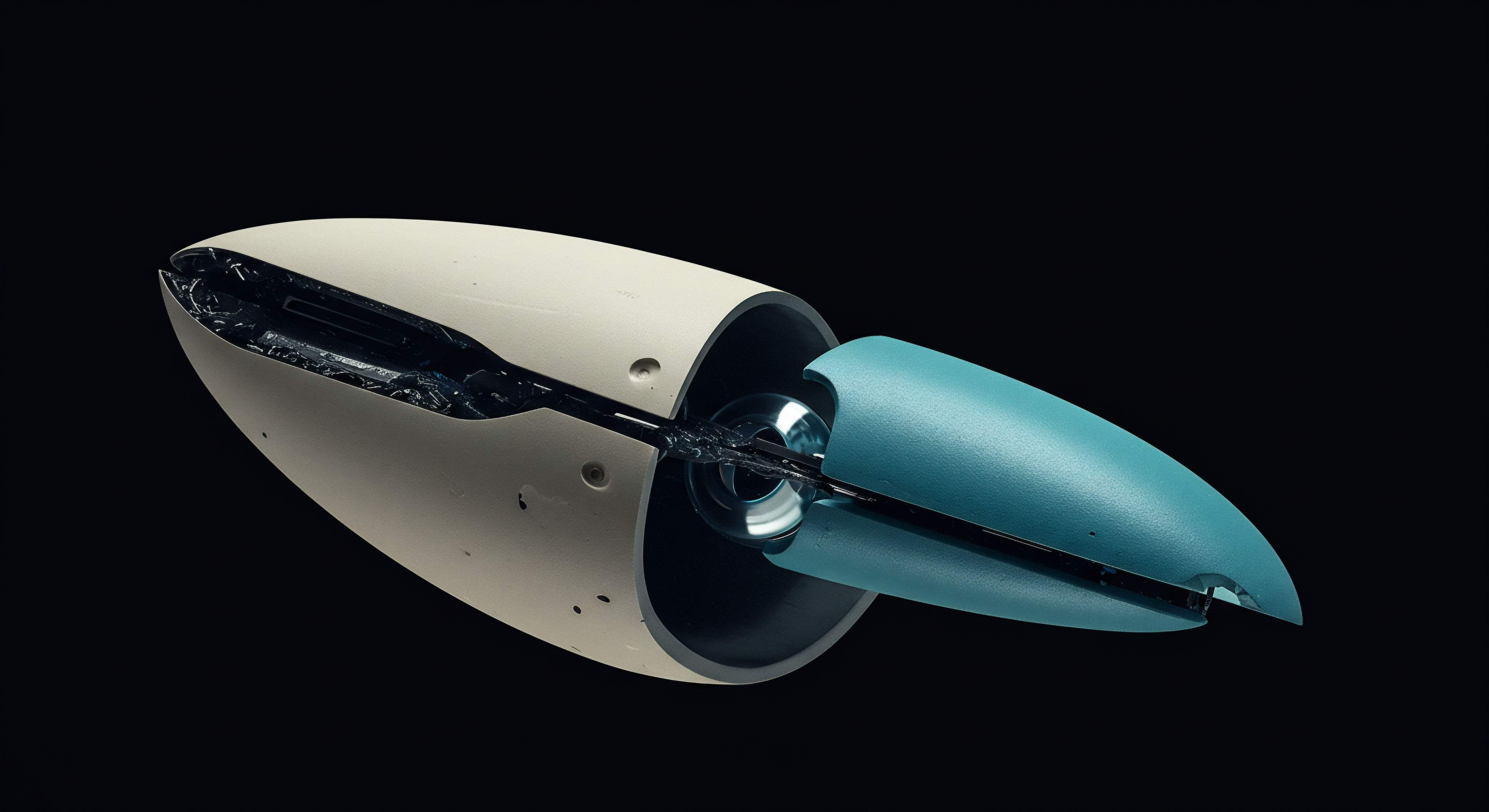 This visual presents two interlocking, streamlined ovular segments, one matte off-white and the other a smooth cyan, set against absolute blackness, suggesting a mechanical deployment or retraction of a sophisticated instrument. The internal structure reveals complex micro-mechanics indicative of precise actuation necessary for complex financial modeling. This abstract mechanism mirrors the delicate unwrapping of a collateralized debt position evolving into a synthetic long option strategy, specifically illustrating the dynamic rebalancing required during extreme market volatility. The structure evokes the precision needed for managing slippage during high-frequency DeFi transactions or the physical settlement mechanism underlying over-the-counter derivatives clearing protocols involving tokenized real-world assets. Key concepts include delta-hedging arbitrage, embedded optionality release, and securing liquidity against basis risk via automated market maker adjustments.