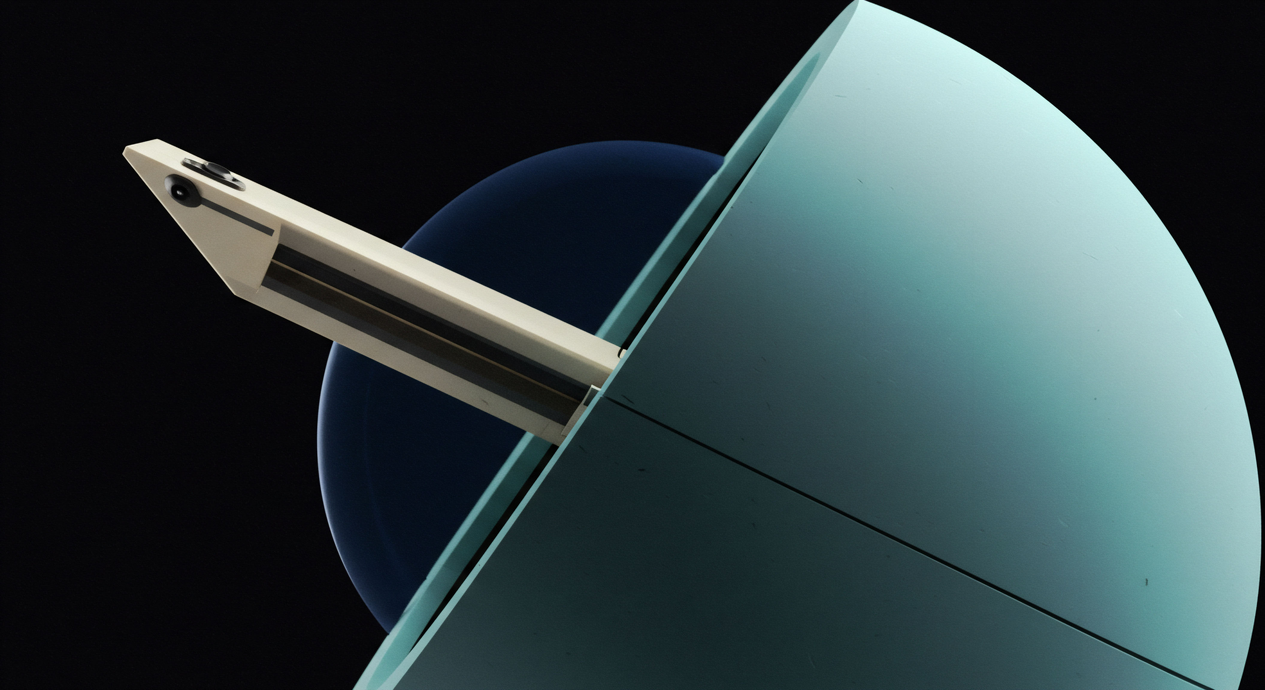 The visual presents a pale cyan quadrant intersecting a dark void housing a deep indigo sphere intersected by a streamlined beige instrument. This setup conceptually models the embedded structure of complex financial instruments within volatile asset universes. The wedge shape suggests a boundary condition, perhaps delineating a realized profit zone against an unrealized range, analogous to barrier options settlement or defined risk parameters in decentralized finance staking protocols. The internal probe embodies the underlying asset's trajectory or a simulated data feed probing market depth. Keywords include implied volatility surface analysis synthetic asset creation contingent claim settlement dark pool execution and decentralized autonomous organization governance mechanism mapping. This abstract representation signifies the deep algorithmic precision required for managing leveraged exposures in high-frequency crypto derivative markets where precision dictates alpha generation versus liquidation risk.