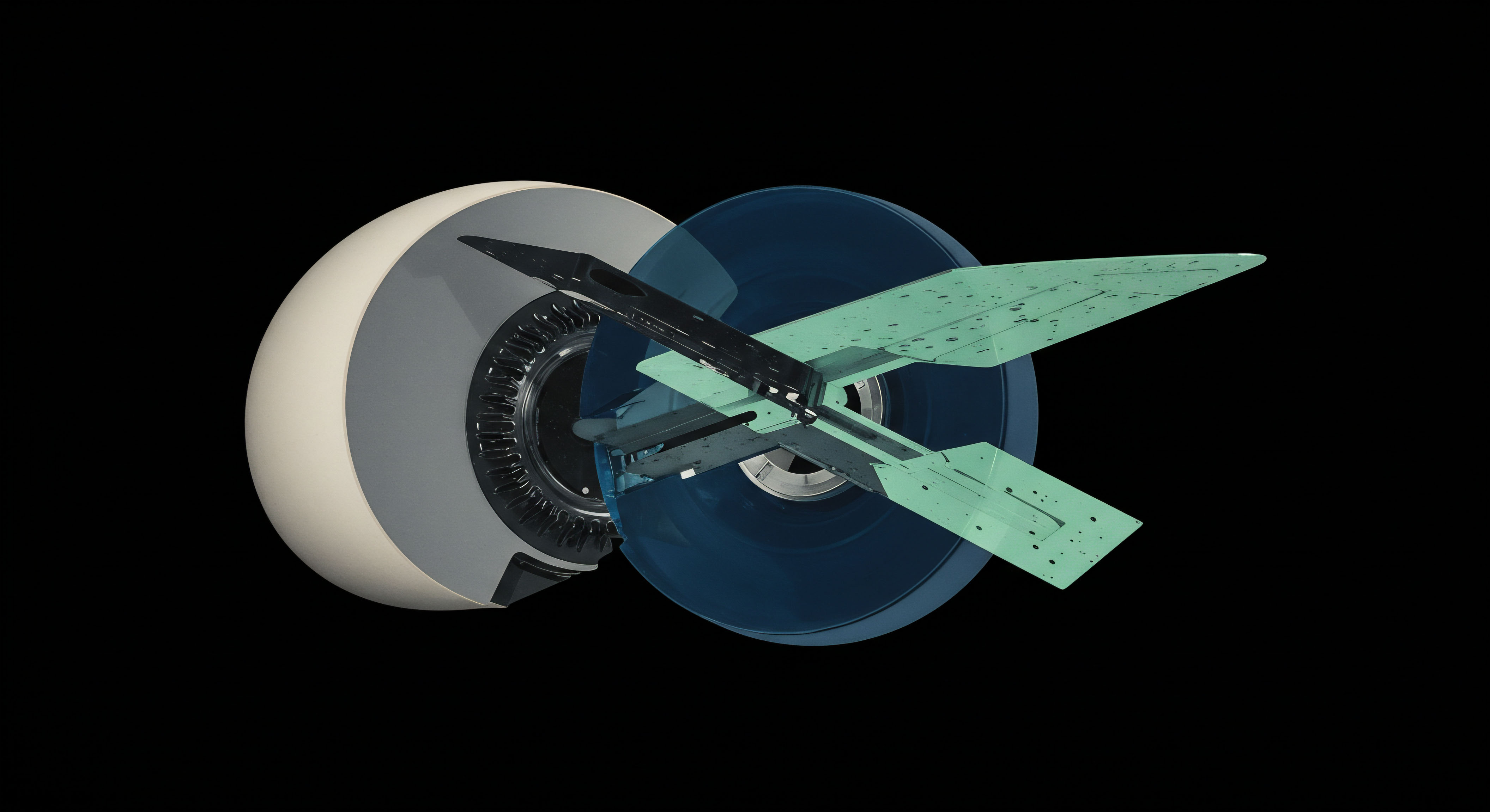 This abstract visualization depicts layered mechanisms suggesting complex financial engineering constructs against a void. A pale spherical structure borders a ribbed circular component interfacing with a transparent blue disc, over which a geometric, wing-like construct featuring circuit trace markings is superimposed. This imagery represents the algorithmic execution layer for crypto perpetual swaps, simulating latency arbitrage across decentralized finance settlement layers. The structure evokes the deployment of complex option payoff matrices, specifically modeling exotic derivatives structures like volatility swaps or variance swaps integrated into on-chain governance for decentralized autonomous organizations DAO asset management. Keywords include blockchain micro-transactions smart contract logic layer zero scaling solutions automated market maker AMM liquidity provision mechanisms and slippage minimization protocols for large notional synthetic asset positions.