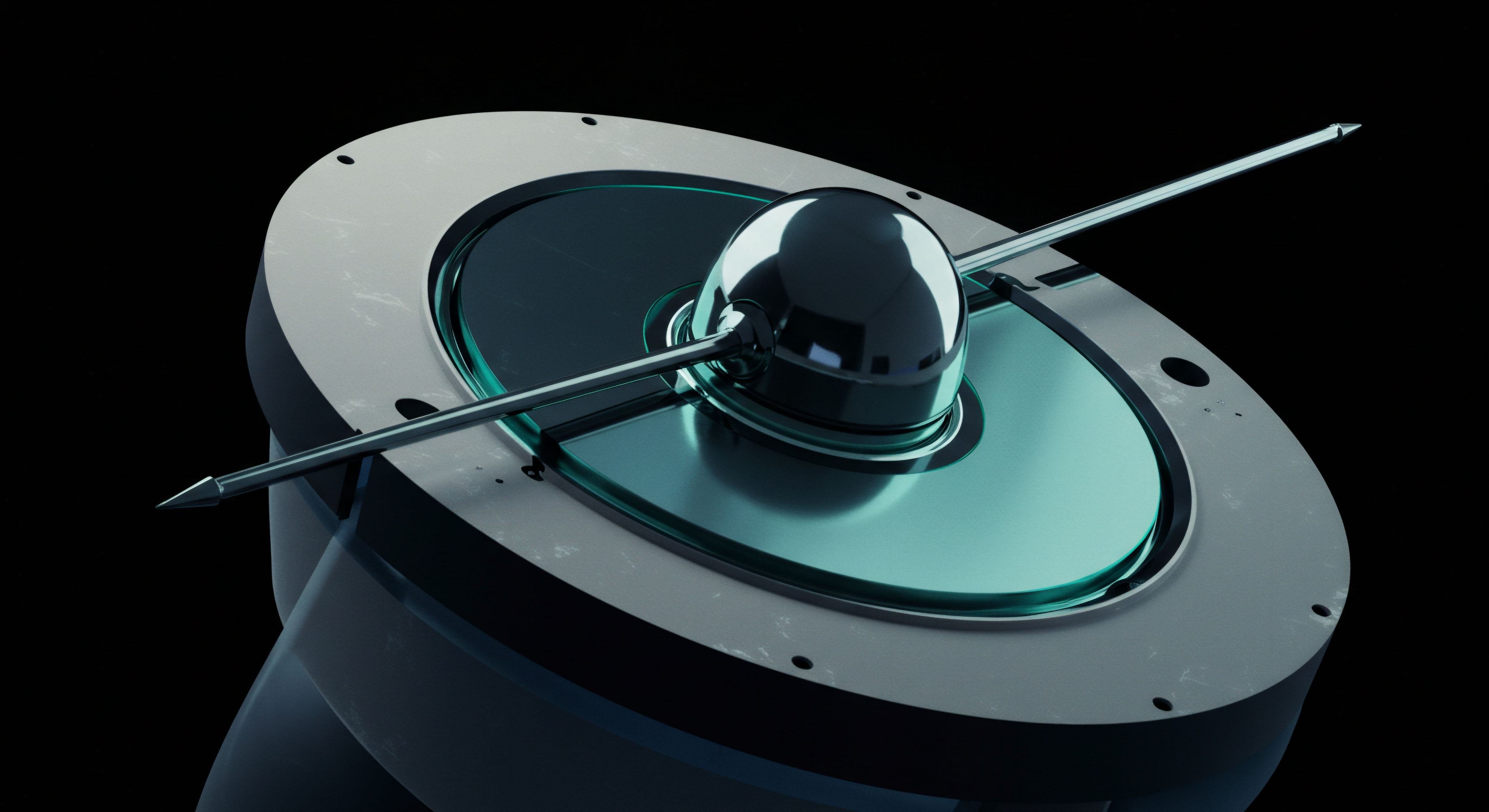 A highly polished, metallic, spherical fulcrum rests upon a cyan-tinted, reflective substrate secured within a matte grey casing, bisected by a sharp, elongated metallic stylus. This structure represents the intricate interplay of governance tokens and liquidity provision within a non-custodial DeFi protocol. The reflective surface symbolizes the atomic swap execution layer clarity, while the central sphere suggests a weighted average price discovery mechanism, perhaps modeling oracle manipulation resistance or concentrated liquidity pool management. The sharp points denote aggressive liquidation thresholds or strike price precision necessary for complex perpetual futures contract settlement integrity across disparate blockchain validators enforcing transaction finality. This apparatus encapsulates trustless arbitrage dynamics.