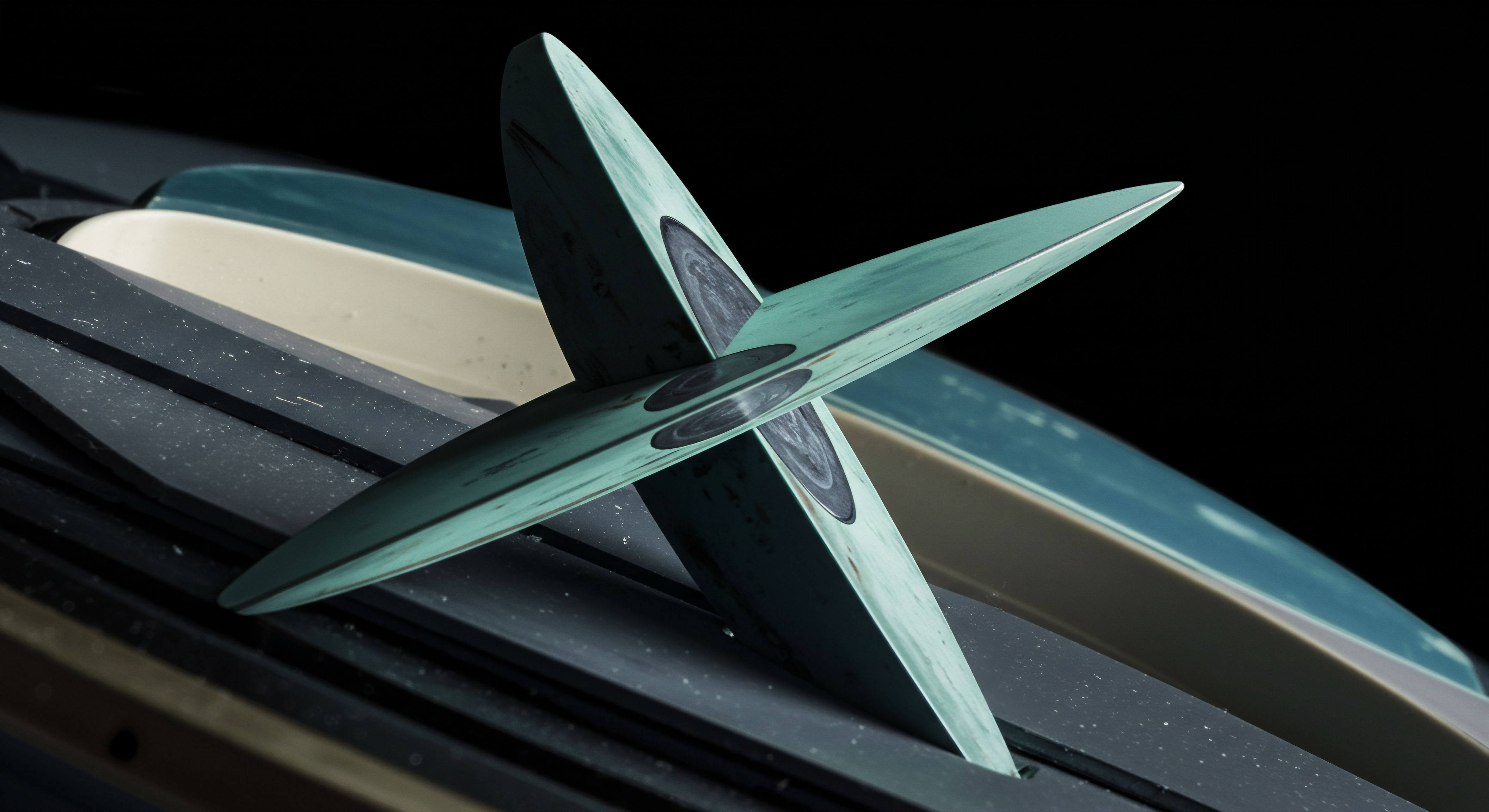 Two intersecting teal, subtly textured planar objects, resembling specialized hydrofoils or high performance fins, dominate the dark composition, suggesting leveraged exposure within decentralized finance mechanisms. The symmetrical crossing pattern implies a nexus point or a central clearing mechanism for complex financial structuring. This visual metaphor represents the dynamic interplay between on-chain settlement finality and off-chain execution efficiency fundamental to sophisticated options trading strategies. Keywords like synthetic asset pairing futures contracts perpetual swaps volatility surfaces and arbitrage opportunities underscore the technical depth this visual encapsulates regarding digital asset market microstructure. These elements pivot around dark segmented tracks mirroring collateral management protocols in high-frequency derivative markets.