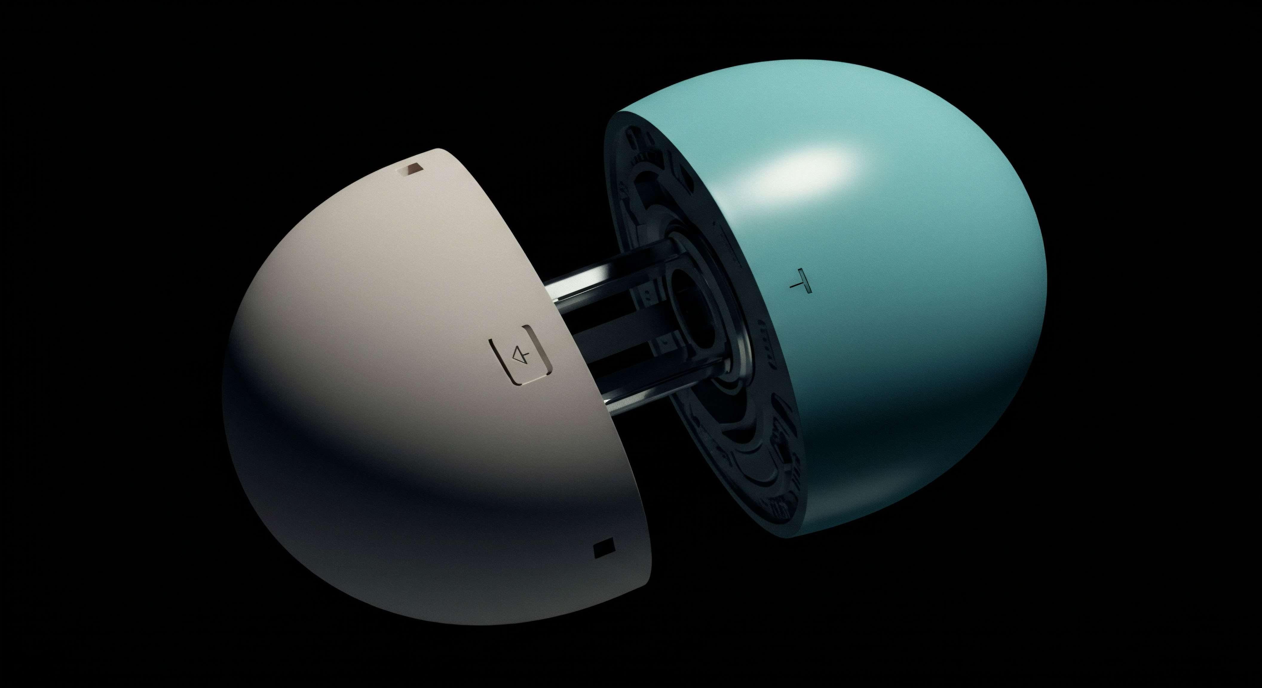 This visualization depicts a split cryptographic escrow mechanism resembling a bisection of a physical asset embodying a digital contract settlement structure. The matte beige and cyan hemispheres expose internal metallic actuators suggestive of hardware security module integration or cold storage bifurcation. Symbols like '4' and 'T' denote specific keys or versioning within a complex decentralized exchange order book management system. It conceptually maps to the granular internal workings of a smart contract executing an options expiration or a complex perpetual futures liquidation event requiring atomic swap finality across disparate ledger states. The internal machinery implies rigorous cryptographic proof mechanisms underpinning decentralized finance settlement protocol integrity amidst volatile market microstructure dynamics.