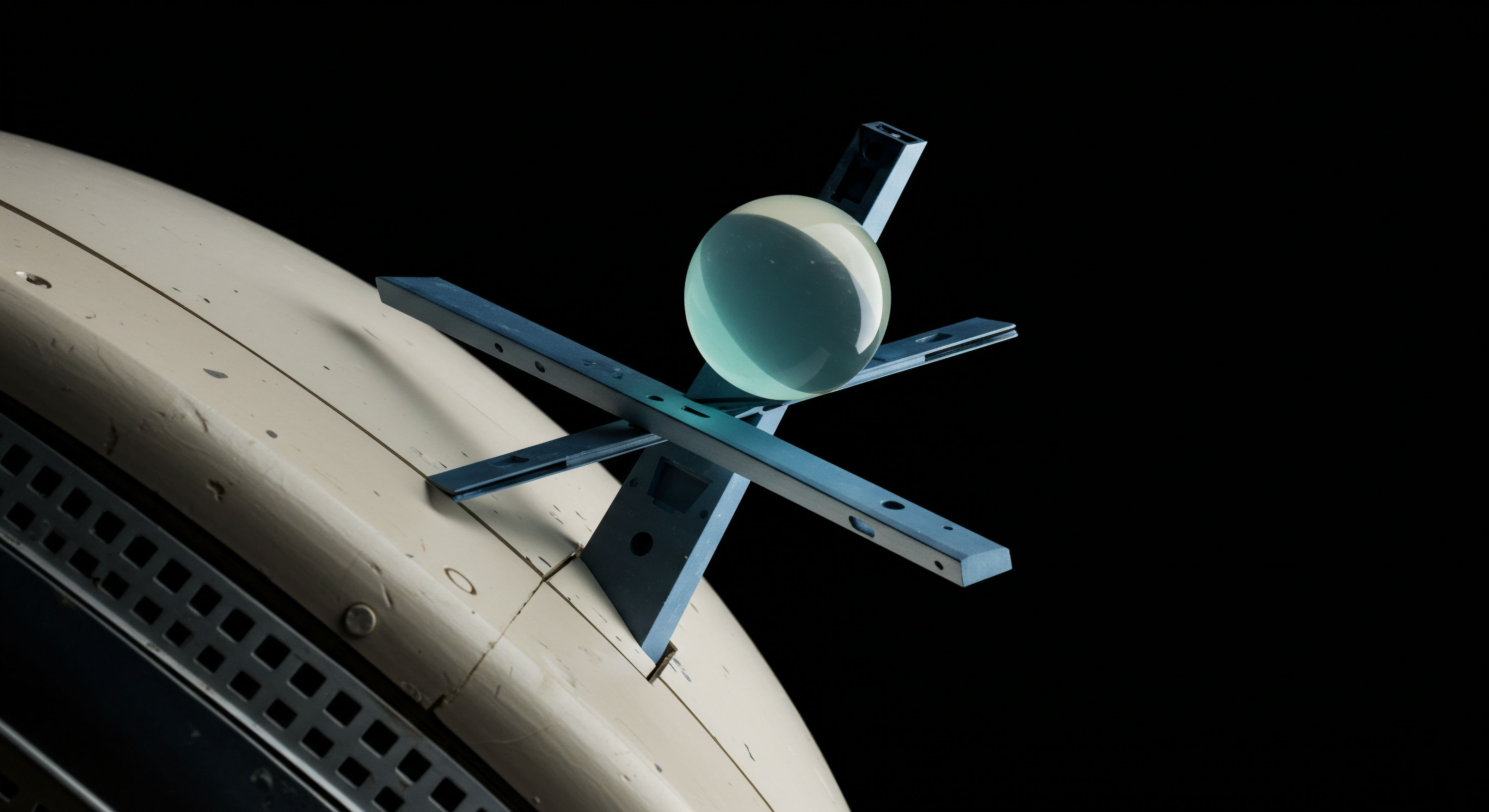 A translucent, highly polished spherical lens, exhibiting subtle cyan refraction, rests precariously upon a cruciform structure of matte blue metallic struts affixed to a beige, subtly textured, curved surface suggesting a structural integrity test module. This setup visually models the intense optical magnification applied to underlying systemic vulnerabilities within decentralized finance protocols. The precise alignment simulates stress testing associated with exotic option pricing mechanisms under extreme volatility. Keywords like impermanent loss shielding geometric approximation, synthetic asset rehypothecation calibration, liquidity pool slippage analysis, smart contract audit precision, and oracle price feed integrity assessment are embodied by this delicate yet structured arrangement. The interplay highlights the fragility of leveraged positions against unforeseen market shocks, a core concern in advanced digital asset derivatives valuation.