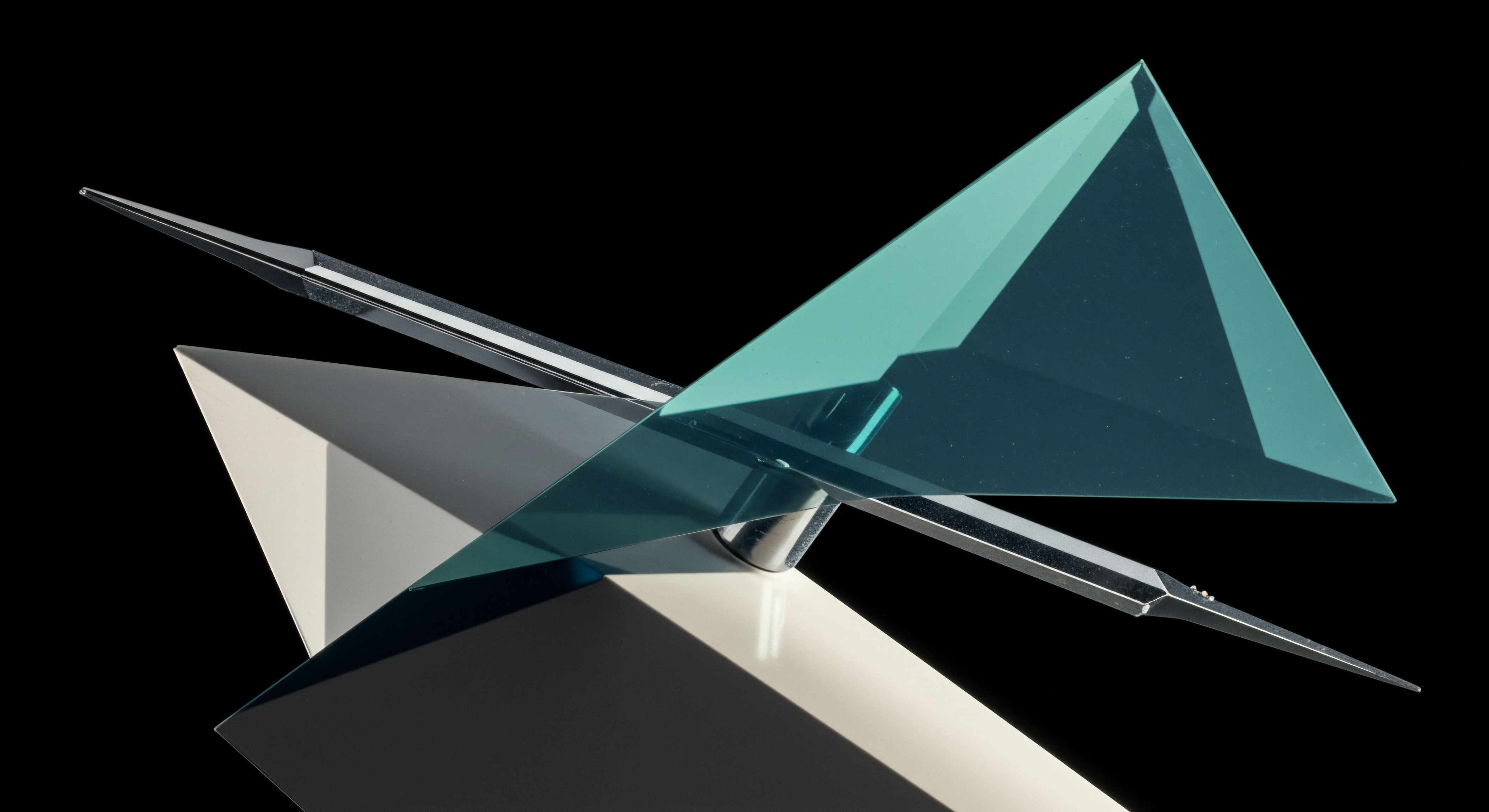 The composition manifests a striking convergence of sharp angular forms suggesting structural integrity against dynamic motion, analogous to high-frequency trading execution mechanisms. A translucent cyan planar element intersects a matte white pyramidal base, symbolizing the non-linear payoff profile characteristic of short-dated out-of-the-money options. Thin, polished metallic spires extend outwards, representing the delta hedging instruments or perhaps the efficient frontier of asset allocation within a synthetic collateralized debt obligation structure. This aesthetic mirrors the complex interplay between underlying spot price movement and implied volatility premiums observed in perpetual futures contracts on decentralized exchanges. The stark black background isolates the geometry, emphasizing the theoretical purity of financial modeling underpinning complex cryptographic asset derivatives strategy formulation. Focus centers on capturing the convergence risk dynamics inherent in complex option strategies like butterfly spreads or condors leveraging volatile crypto assets.
