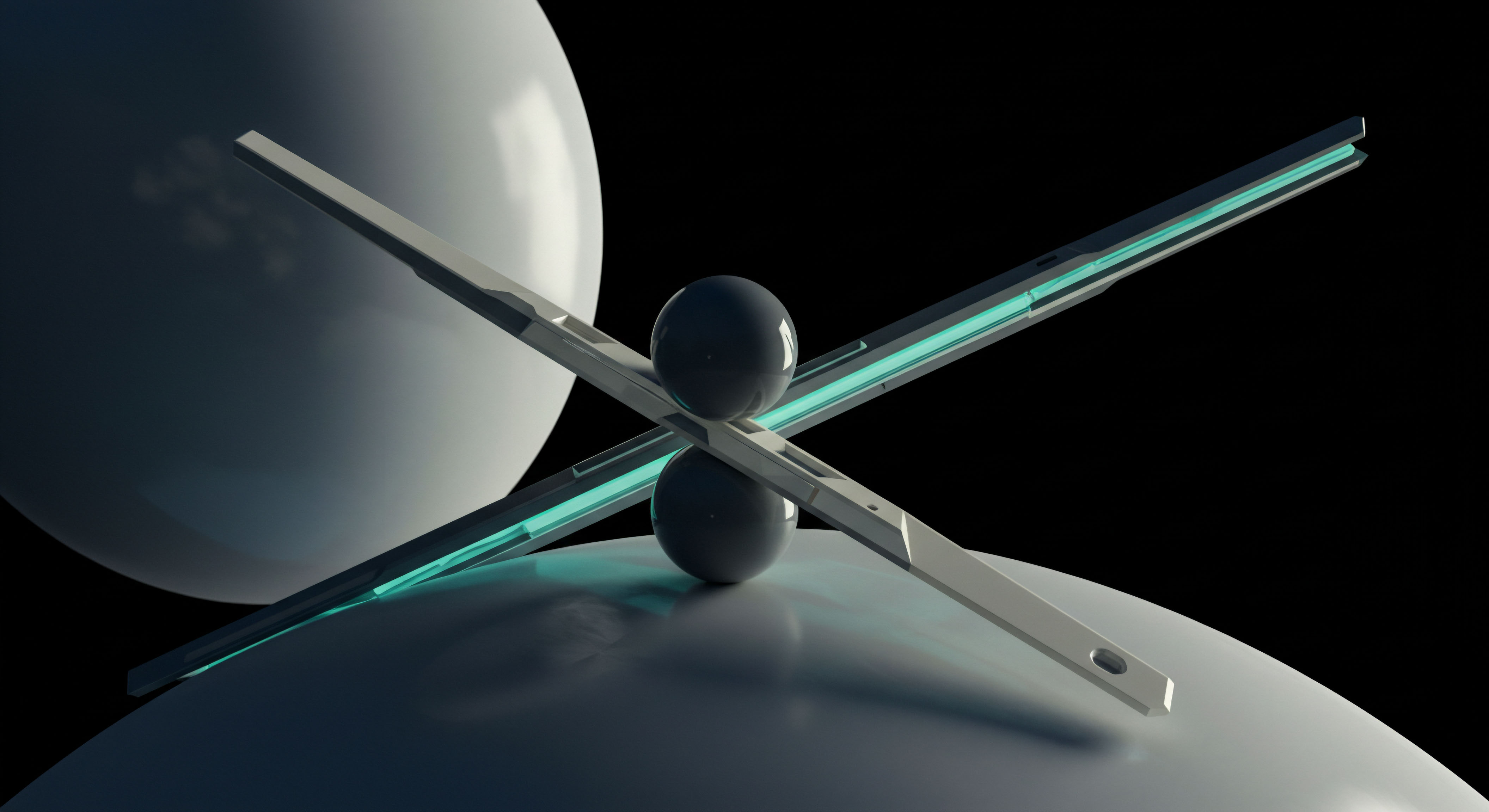 This abstract composition depicts a point of equilibrium between divergent structural elements suggesting derivate hedging mechanics. Two light-infused metallic spars intersect precisely, representing leveraged exposure or perhaps the cross-section of a strike price mechanism. Dark, reflective spheres demonstrate asset concentration points contrasting against vast, smooth white surfaces symbolizing underlying collateral or synthetic constructs. The cyan luminescence evokes real-time data streams crucial for calculating instantaneous Greeks exposure. This setup conceptually models the delicate balance required in executing complex structured products like perpetual swaps or achieving delta-neutrality amid fluctuating market microstructure and systemic liquidity stress testing against implied volatility surfaces.