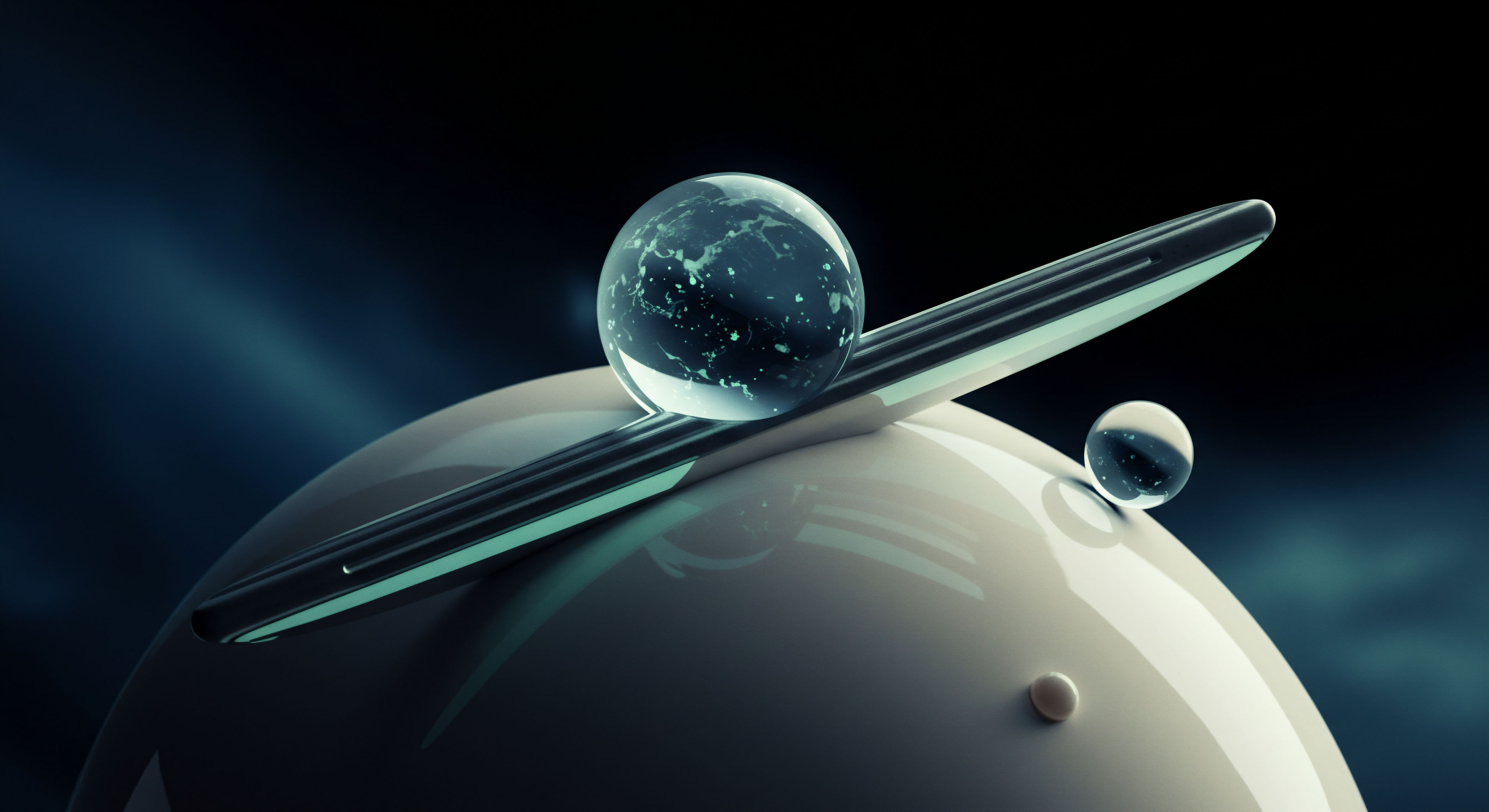 This rendering visualizes the precarious metastable state of high-leverage synthetic asset deployment atop an underlying macro structure. The dominant sphere, reflecting distributed ledger topology, rests precariously on a sleek, metallic stratum analogous to a thinly-traded digital instrument, suggesting immediate gamma exposure risk. A smaller satellite sphere implies ancillary collateral or absorbed liquidity event. The dark, ethereal background evokes deep market structure ambiguity, mirroring the constant tension between realized yield and tail risk events in complex derivatives like crypto perpetual futures. This composition signifies the delicate balance required for successful decentralized finance yield farming or delta-neutral strategies against inherent blockchain network latency.