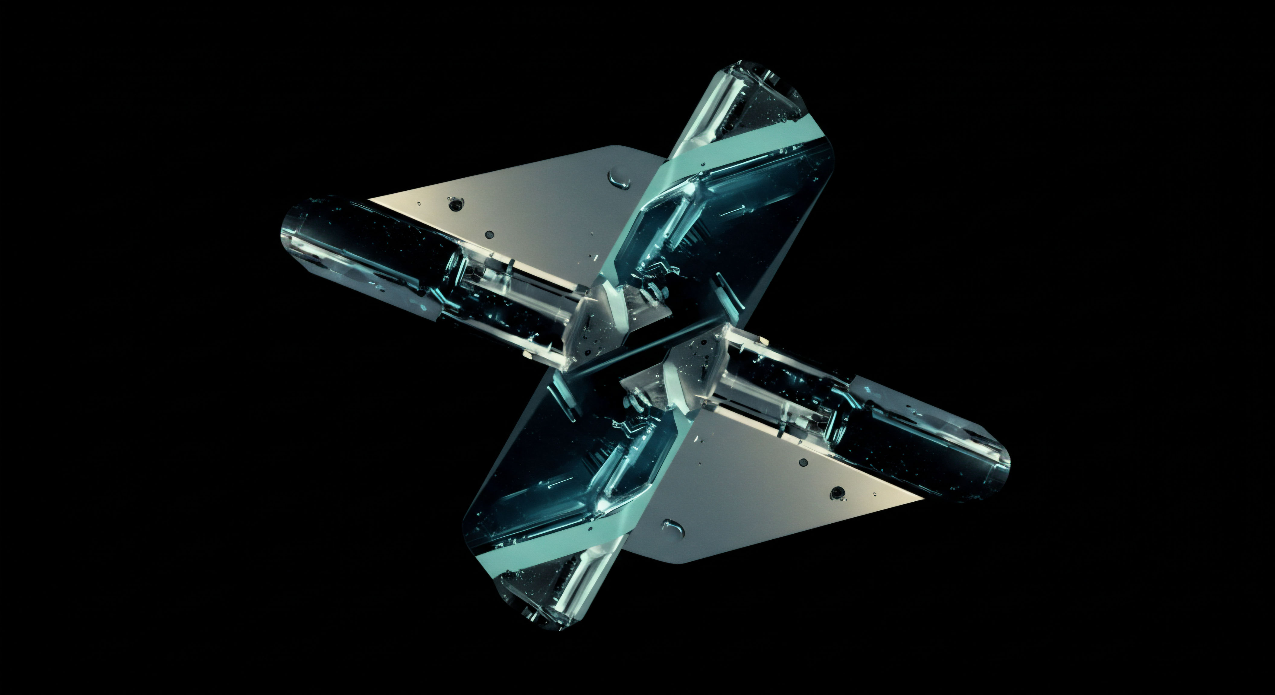 This visualization depicts a complex, multifaceted object resembling a perfect star or a highly symmetric rotating gyroscope against absolute blackness. Four crystalline arms extend from a central nexus, featuring sharp, angular faces reflecting a cool cyan luminescence, suggesting advanced material science within a blockchain architecture. This abstract form conceptually represents the robust, multi-vectorial governance structure of a Decentralized Autonomous Organization DAO. The sharp interfaces symbolize crucial voting nodes or threshold signatures required for protocol upgrades or treasury allocations. The overall symmetry embodies the theoretical ideal of perfect systemic equilibrium achieved through deterministic smart contract execution and immutable ledger finality, essential for managing complex financial derivatives pools within DeFi platforms. Key concepts include Byzantine Fault Tolerance mechanisms layered within layered synthetic asset issuance.