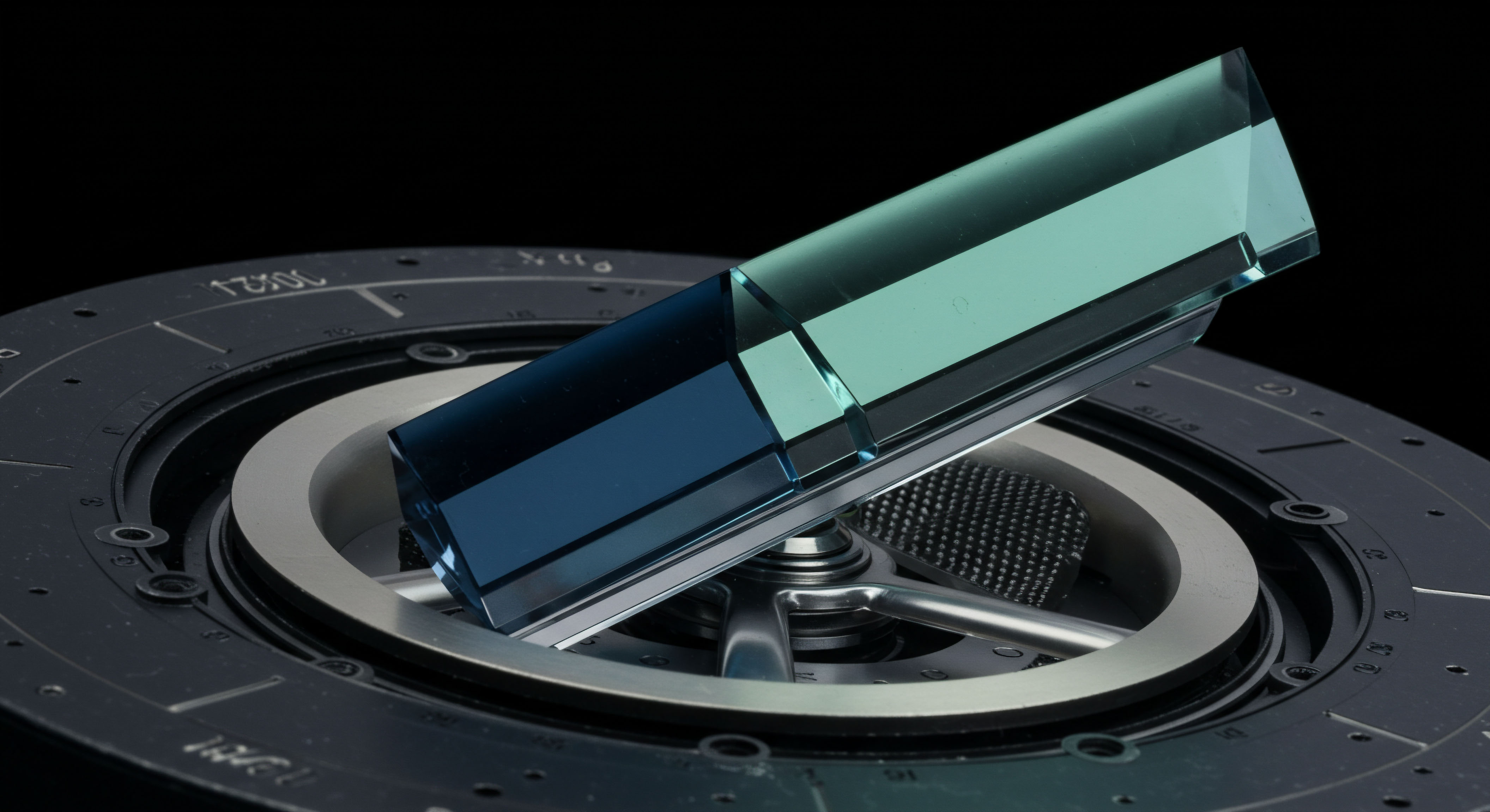 A precisely machined, dark metallic gimbal supports a sharply faceted crystal prism exhibiting a gradient from deep azure to pale seafoam green, suggesting temporal divergence in derivative pricing models. This apparatus symbolizes the delicate calibration required for accurate volatility surface mapping across decentralized perpetual swaps. The base features etched radial markings analogous to astronomical or timing conventions, perhaps referencing settlement periods or block finality. The structure embodies the inherent complexity in calculating Black Scholes adapted metrics for non-custodial options liquidity provisioning and the inherent risk management of novel digital asset structured products requiring robust oracle integration. This visualization represents algorithmic precision navigating stochastic process risk in high-frequency quantum resistant ledger environments.