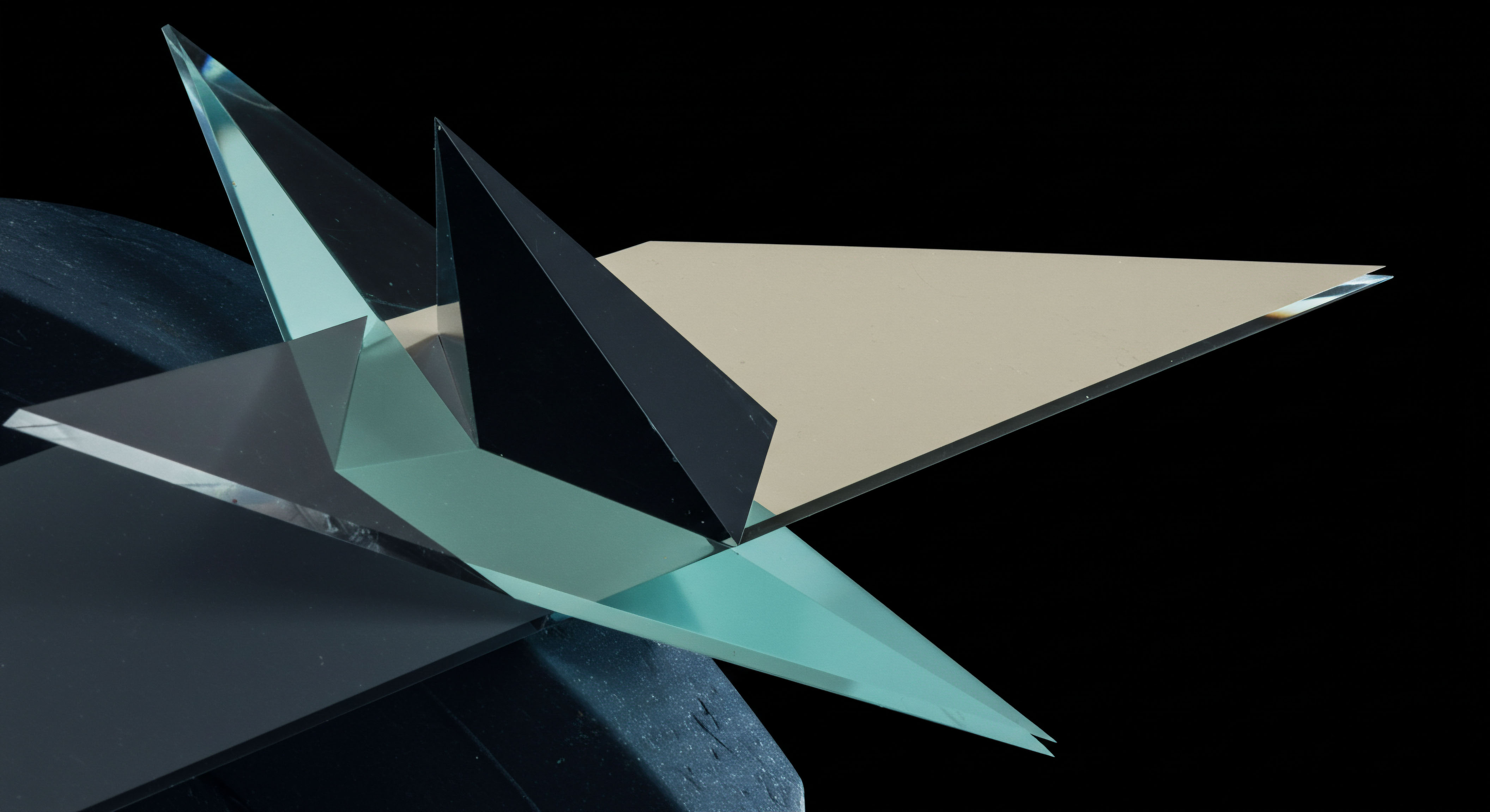 Sharp angular planes of clear cyan and opaque tan materials intersect against a stark black void symbolizing market opacity and counterparty risk in decentralized finance DeFi. These intersecting facets mimic the payoff geometry of exotic structured products or complex options strategies like collateralized debt obligations CDOs within the digital asset ecosystem. The precise edges represent strike prices and expiration boundaries inherent in perpetual futures contracts and high-frequency algorithmic trading execution. This abstract formation captures the crystalline convergence of on-chain clearing mechanisms interfacing with off-exchange liquidity pools. It visualizes the delicate balance required for hedging volatility exposure and managing liquidation cascades across layered digital asset securities. Ten keywords include volatility skew synthetic asset replication non-deliverable forwards NDfs options Greeks gamma risk slippage embedded options delta hedging and smart contract settlement finality.