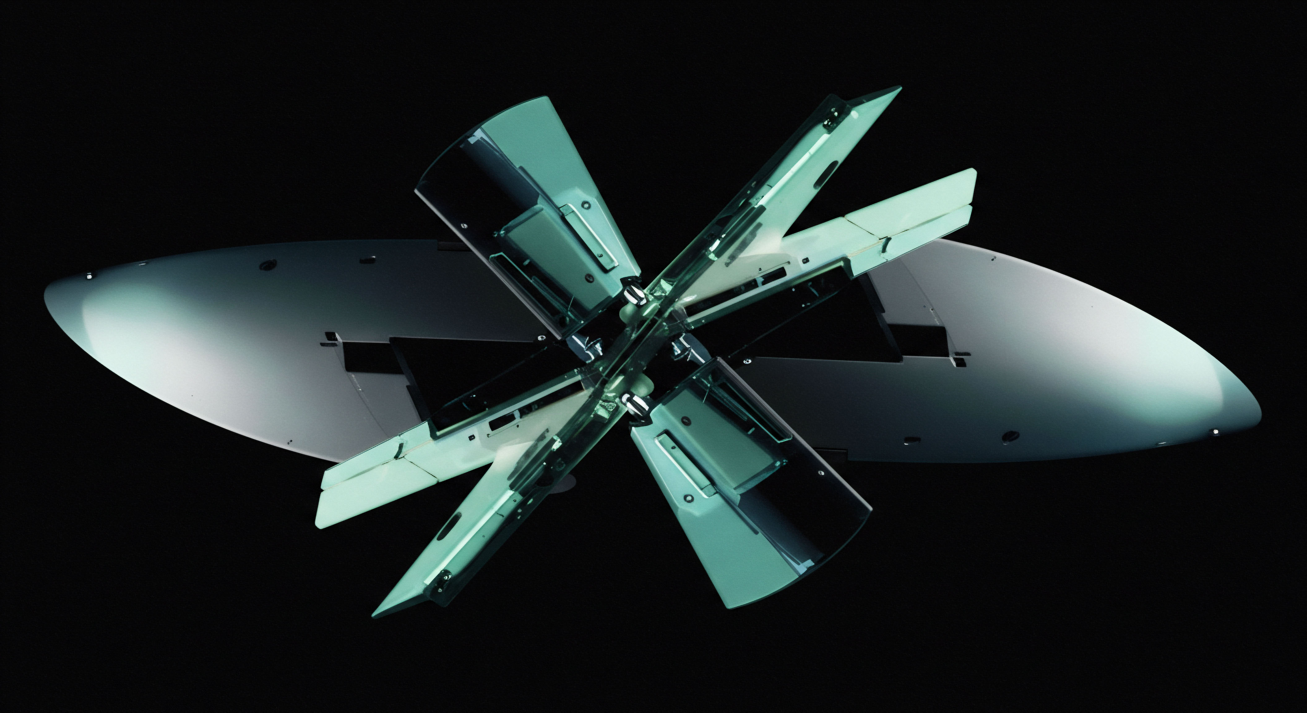 The high contrast visualization depicts a complex deployable mechanism suggesting rapid asset repositioning or controlled velocity dampening, analogous to options hedging maneuvers. Metallic surfaces reflect cyan light against absolute black, symbolizing secure digital ledger architecture resilience against market volatility. The radial deployment configuration mimics a multifaceted volatility surface structure inherent in sophisticated financial derivatives like exotic options structures. This structure represents the atomic unit of collateralized debt positions or staking pool rebalancing mechanisms. Key operational concepts include dynamic risk parity adjustment, automated liquidation cascade prevention, and on-chain execution integrity ensuring trustless settlement via smart contracts governance protocols.