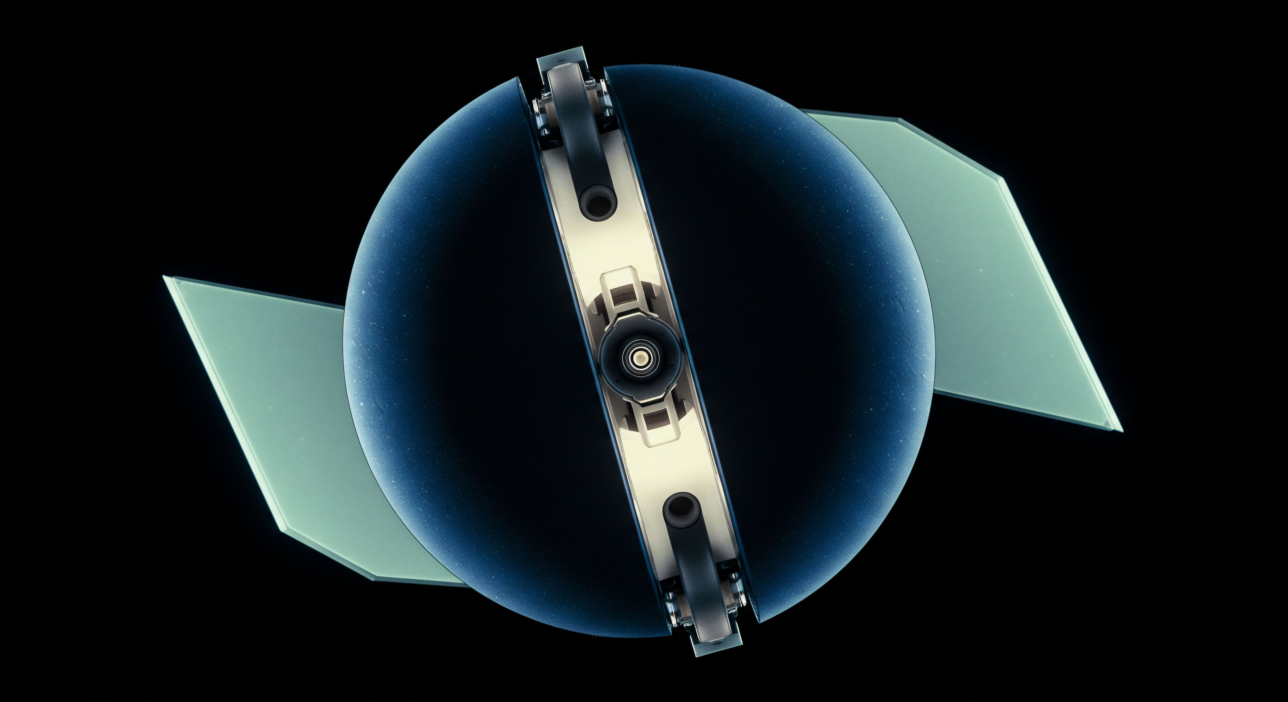 This visualization captures a dark blue, textured spherical asset exhibiting a central, recessed channel housing mechanical actuators suggesting internal governance mechanics. Two pale, angular kinetic projections extend symmetrically, perhaps representing directional hedging instruments or algorithmic propagation vectors within decentralized finance. The aesthetic implies ultra-low latency settlement protocols operating through distributed ledger technology. Keywords include volatility surfacing delta hedging synthetic asset creation liquidity provisioning automated market maker mechanisms oracle integration zero knowledge proofs collateralization escrow Smart Contract execution environment and on chain risk management. This structure embodies resilience against flash loan exploits underpinning decentralized autonomous organization protocol integrity.