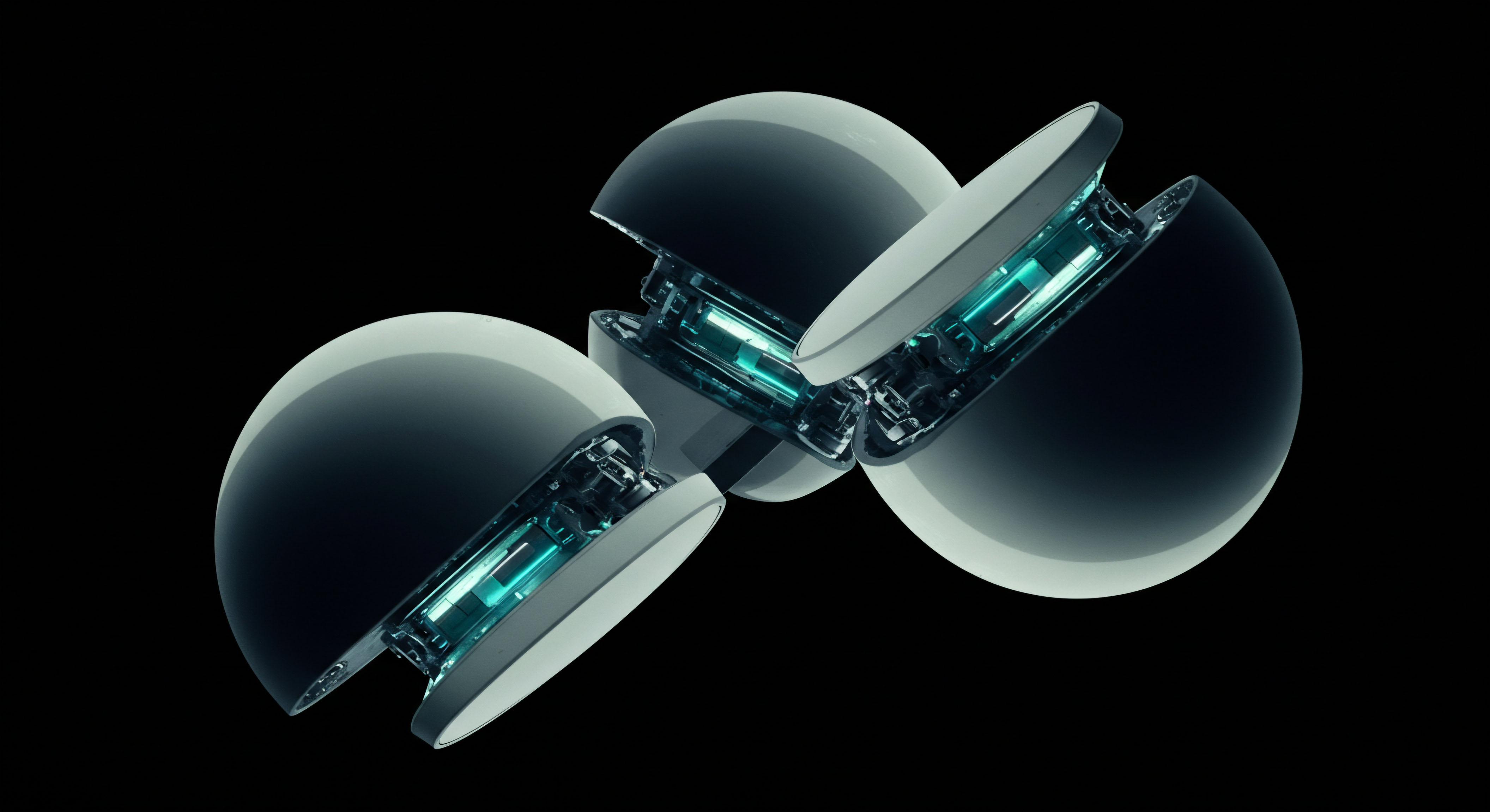 This abstract visualization depicts interconnected, bifurcated spheroid modules opening to expose glowing cyan internal mechanisms suggesting latent energy transfer or high-frequency computation essential for complex financial instruments. The configuration mirrors the conceptual linkage of off-chain synthetic asset issuance with on-chain smart contract execution, crucial for perpetual futures or deeply in the money options settlement. The reflective, muted metallic surfaces contrast sharply with the vibrant internal luminescence indicative of latent liquidity pools or cryptographic key generation processes underpinning decentralized finance primitives. Keywords include Synthetic Assets Tokenization Atomic Swaps Impermanent Loss Volatility Surface Strike Price Differential Delta Hedging Liquidity Provisioning Governance Token Staking Oracles. This arrangement evokes the internal architecture required for achieving verifiable fair market value discovery within novel decentralized exchanges DEX ecosystems requiring robust collateral management.