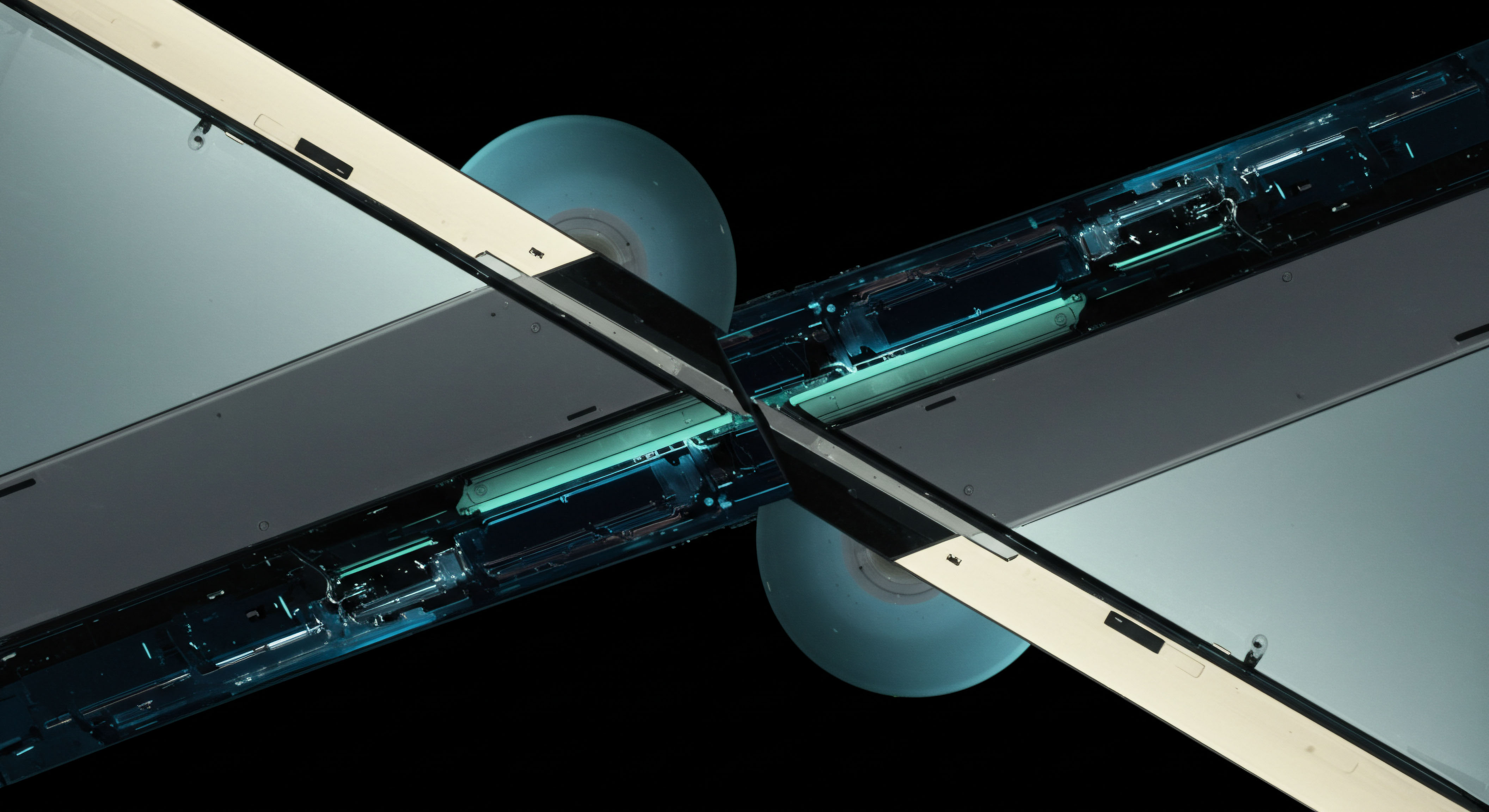 This schematic representation shows two intersecting planar surfaces articulating around a central pivot mechanism bathed in cool cyan luminescence suggestive of ledger block finality. The structural articulation mirrors the complex interaction of on chain governance proposals requiring multi signature consensus for protocol upgrades. The exposed internal mechanics symbolize the transparent but intricate engineering underlying decentralized finance infrastructure. Key elements evoke concepts such as strike price alignment divergence in perpetual swaps and the requisite security protocols for managing on chain collateral management systems. This visual metaphor extends to the automated market maker liquidity pool interface under stress testing for transient volatility spikes demanding robust oracle feed verification for accurate options valuation in volatile crypto assets.
