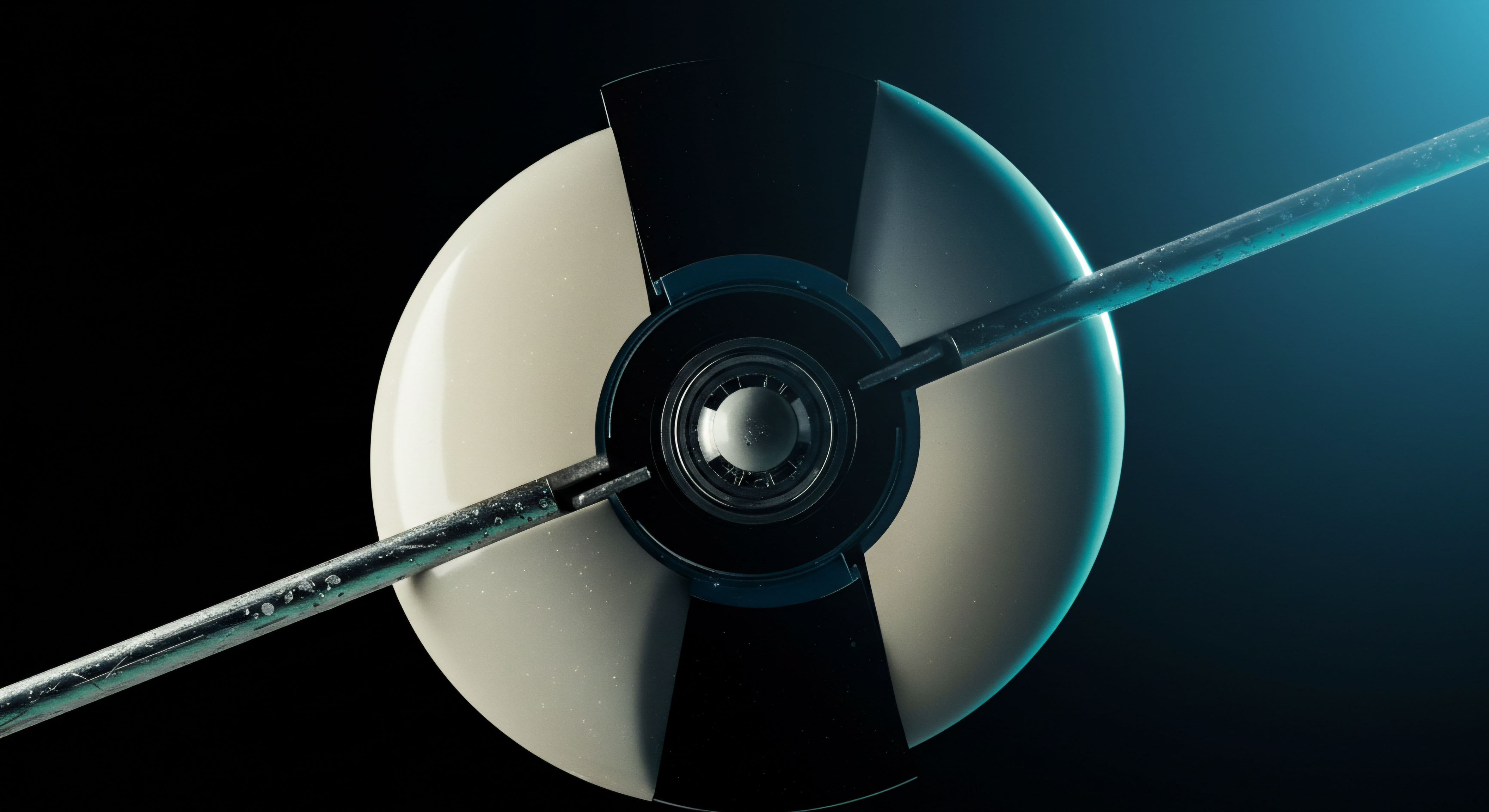 This stylized, low-key render depicts a central nexus point emanating two opposing metallic struts across a pale, segmented orb set against deep void. The structure suggests a complex mechanism for kinetic energy capture or precise angular momentum regulation, conceptually mirroring the systemic balancing act within cryptocurrency derivatives markets. The central hub represents the underlying asset's reference price, while the radial elements symbolize potential strike price barriers or expiration trajectories for options contracts. The speckled texture on the struts implies transactional friction or accrued volatility exposure, crucial factors in calculating options premium decay and determining net portfolio exposure. This geometry reflects immutable ledger architecture securing complex smart contract deployments for decentralized finance yield farming strategies.