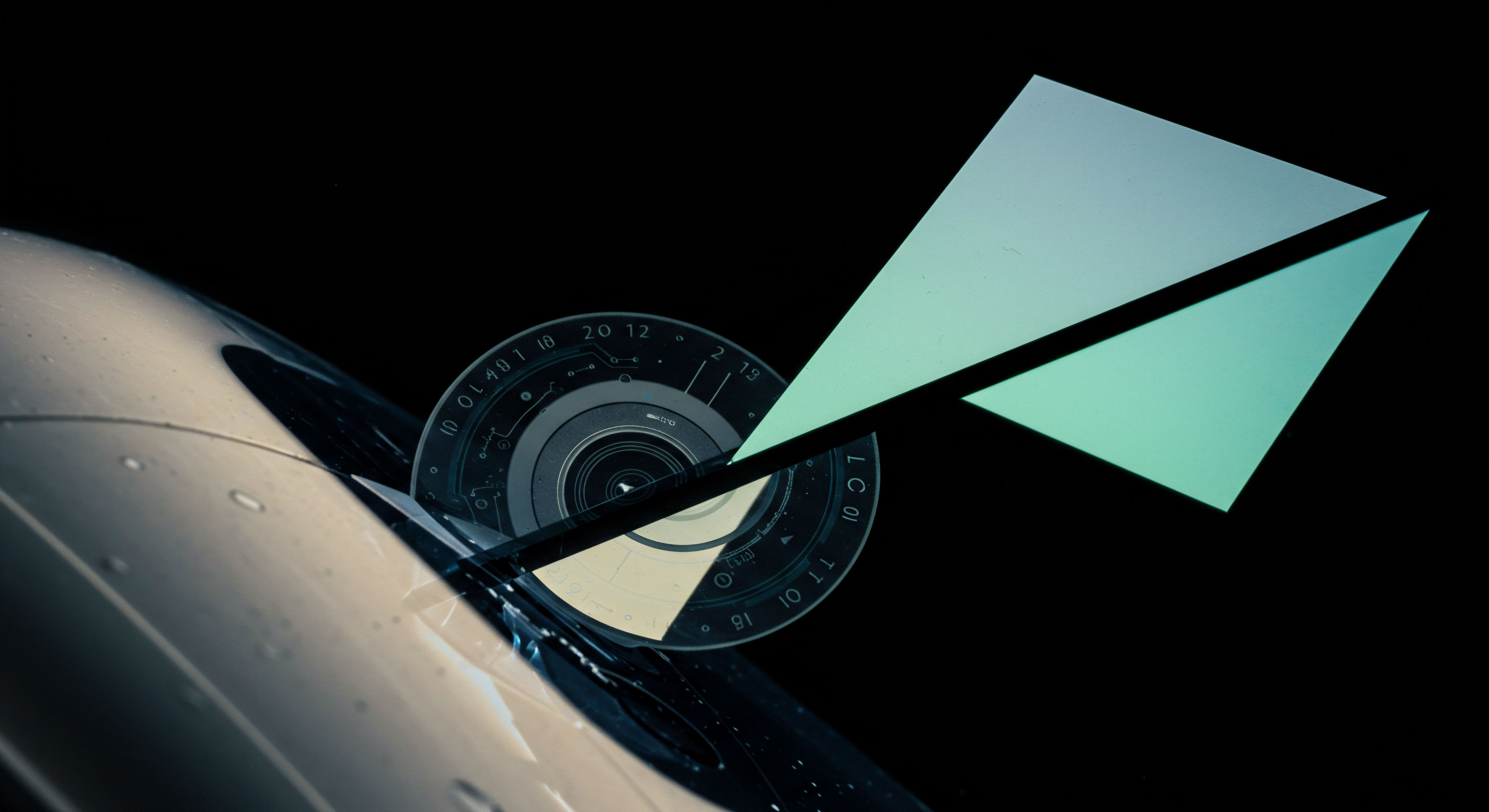 This abstract composition illustrates the intersection of tangible asset aesthetics with digital finance instrumentation, suggesting a sophisticated algorithmic trading environment. The metallic, curved surface hints at hardware security modules or advanced vehicular telemetry interfacing with a circular Heads-Up Display element displaying esoteric numerical sequences indicative of strike prices and expiration cycles. Two sharp, translucent cyan prisms suggest volatility skew or hedging strategies applied to perpetual futures contracts. The visual language evokes robust DeFi infrastructure managing complex payoff structures like Asian options or exotic derivatives, emphasizing secure ledger finality and oracle reliability within high-frequency cryptomarket microstructure. Precision modeling underpins implied volatility surface computation for efficient settlement mechanisms.