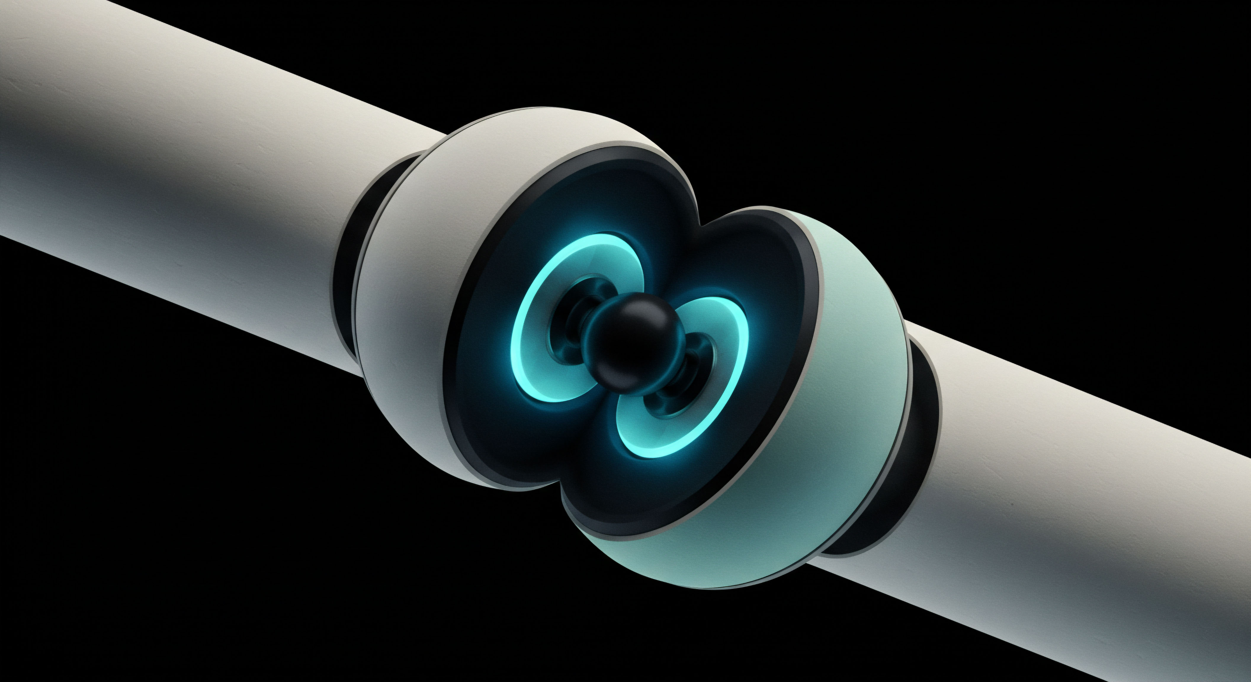 The visual depicts two opposing spherical enclosures, rendered in muted teal and white, meeting at a central nexus against a stark black field suggesting deep space or a digital void. Central to the connection is a dark node surrounded by glowing cyan toroidal energy fields indicating synchronized magnetic flux or high-frequency data transfer. This structure conceptually maps to the crucial inter-protocol arbitration required for secure cross-chain asset exchange, specifically mirroring the locking mechanism in an atomic swap execution sequence or the settlement phase of Over-The-Counter bilateral options. The energy signature signifies active staking yield or oracle feed synchronization essential for maintaining invariant ratios within a collateralized debt position or ensuring fair strike price realization against volatile spot markets. This visualizes protocol interaction overcoming siloed ledger architecture through non-custodial mechanisms like Hash Time-Locked Contracts HTLCs mediating layered derivatives exposure.