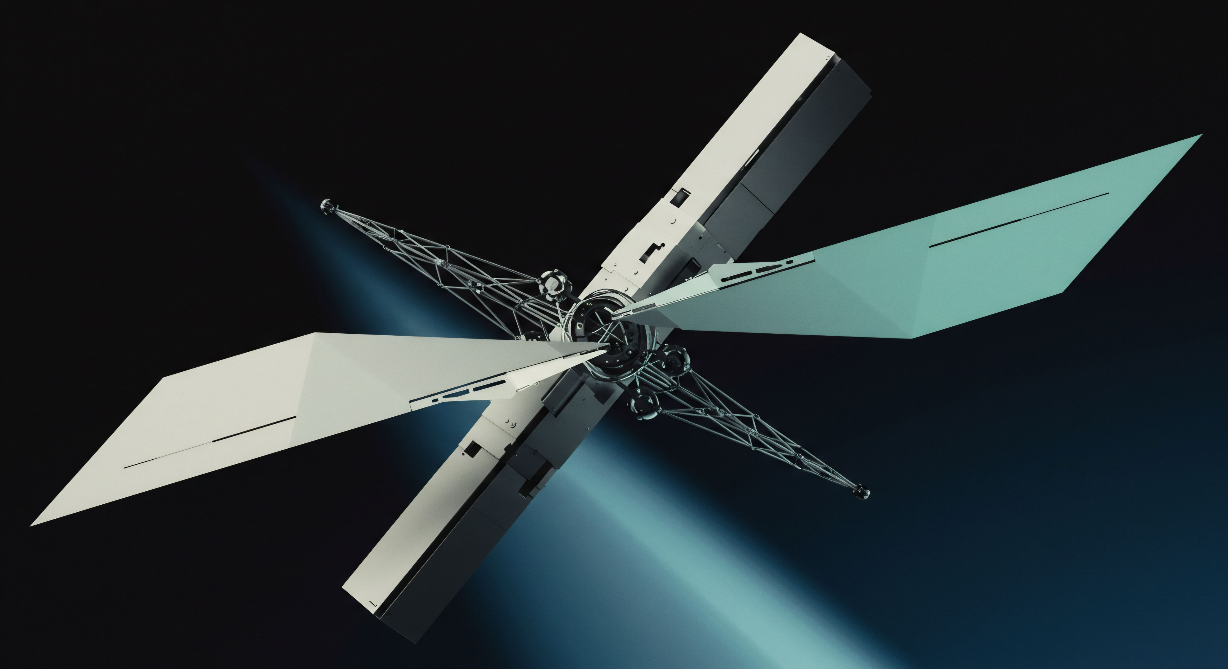 This abstract rendering displays a four-winged, cruciform structure composed of sharp, geometric planes extending from a central metallic hub against a dark cosmic void illuminated by a single, powerful directional light source suggesting high-throughput data flow. The structure metaphorically embodies the architecture of advanced DeFi mechanisms like perpetual swaps or liquidity pool operations facing extreme market stress. The outward vanes suggest directional exposure, perhaps symbolizing open interest distribution or delta hedging strategies across disparate derivative contracts. The rigid framework implies the underlying smart contract logic governing algorithmic execution, crucial for maintaining collateralization ratios against rapid price discovery and managing systemic risk within nascent tokenized markets where instantaneous liquidation protocols dictate solvency within structured finance instruments.