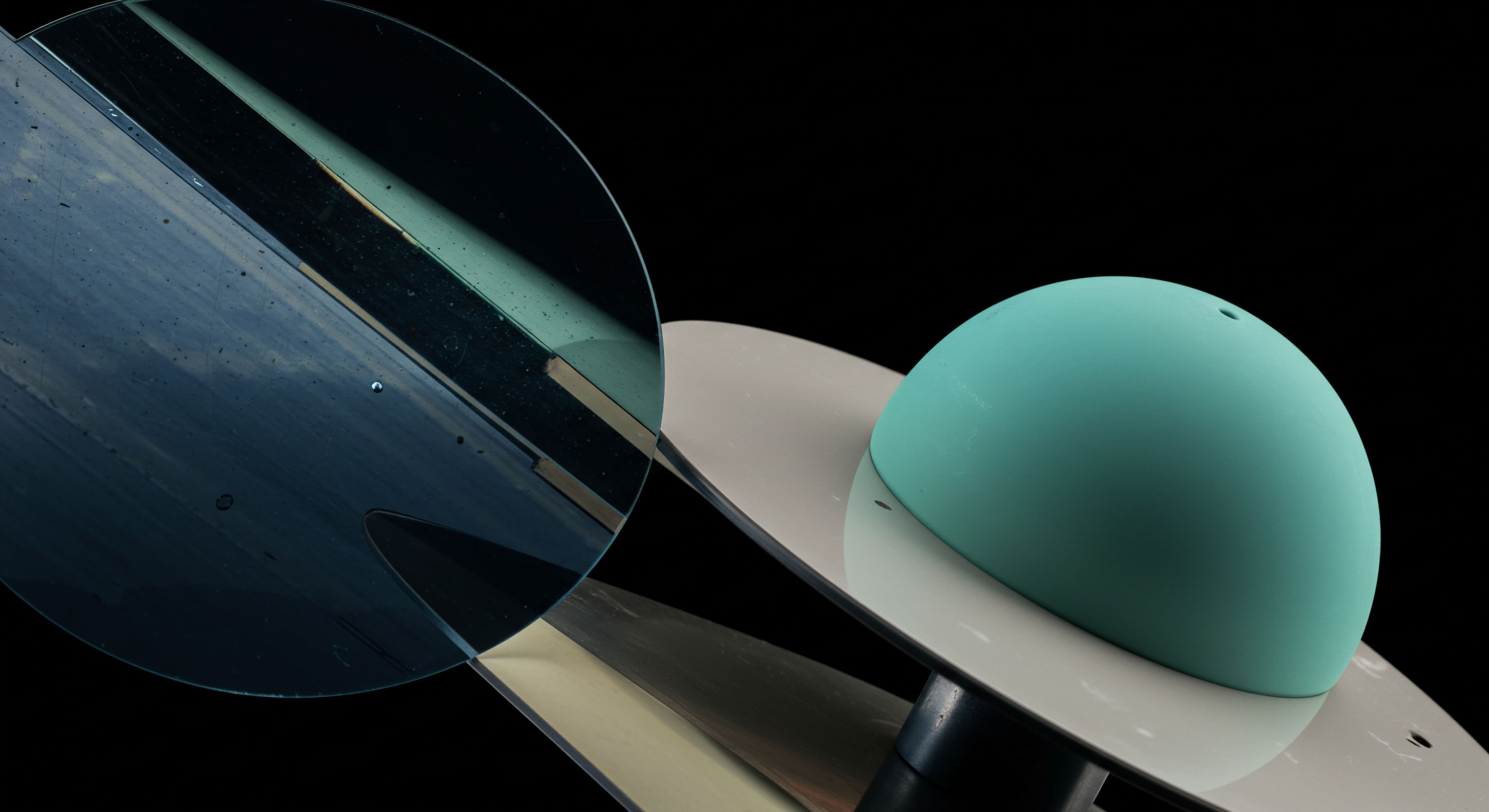 The composition illustrates distinct structural elements representing complex financial modeling over a stark black void, reminiscent of off-exchange dark pool activity. A translucent, dark blue planar reflection suggests obscured market data or shielded order flow execution. The central structure features matte, pale disks supporting a smooth, aquamarine hemispherical asset, symbolizing aggregated collateral or a stablecoin vault mechanism. This visual architecture mirrors the construction of exotic options payoffs or the multi-layered risk parameters within decentralized autonomous organizations managing perpetual futures contracts. The interplay of curved surfaces and sharp edges evokes the precise mathematical boundaries governing implied volatility skew in digital asset derivatives markets, far removed from simplistic spot trading paradigms and indicative of advanced structured product architecture like synthetic asset replication protocols.