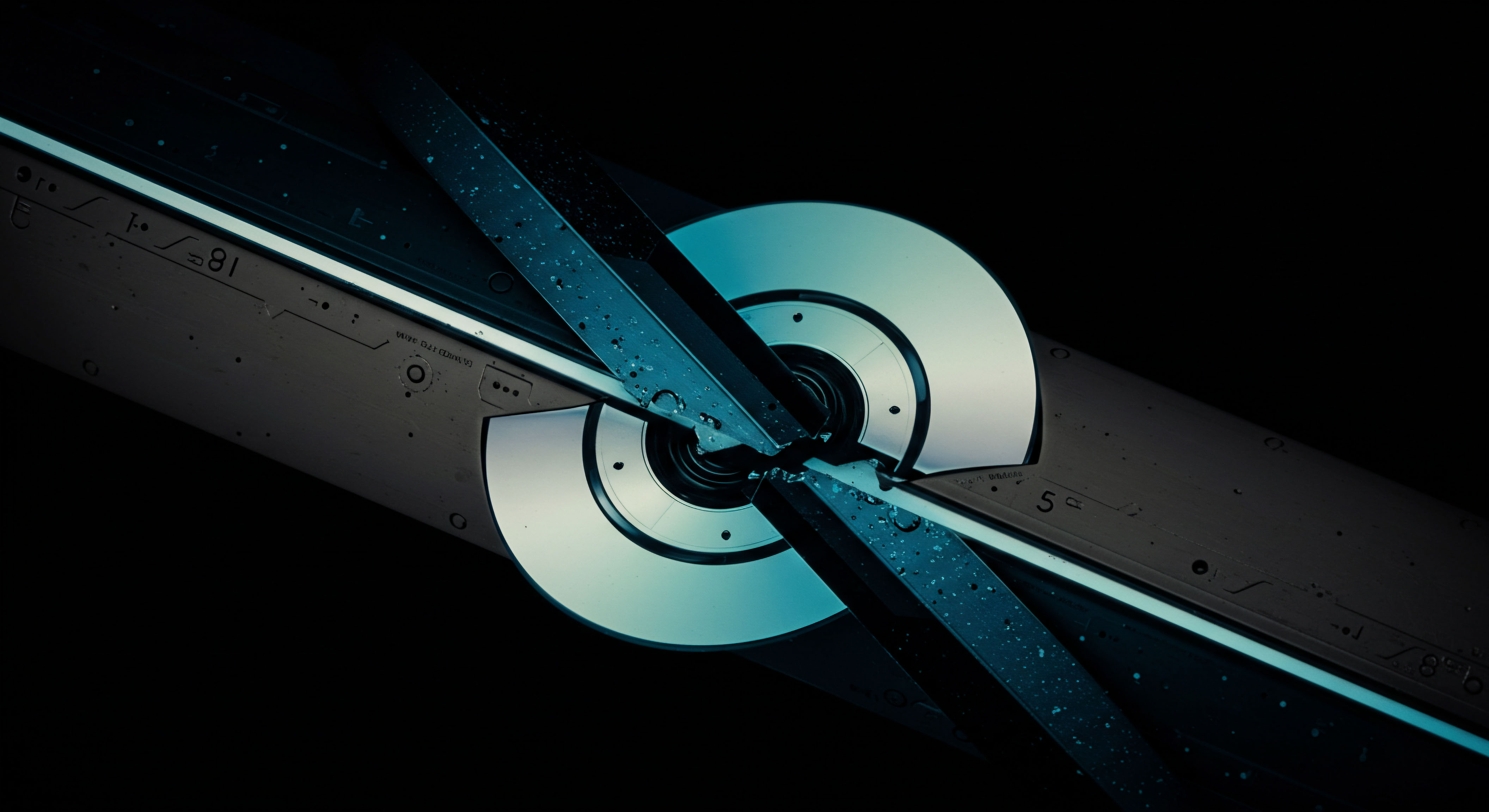 This abstract visualization depicts intersecting, high-contrast metallic planes bisected by a dark, moisture-speckled diagonal structure over reflective cyan discs suggesting data storage or rotational elements. It conceptually models the stress testing applied to synthetic asset replication across cross-margin collateralization frameworks. The cool, fractured geometry symbolizes the required deterministic finality within smart contract execution resisting external systemic market dislocations. These elements interplay suggesting the rigorous process of securing liquidity pool depth against sudden implied volatility spikes inherent in complex quanto option structures maintained on distributed ledger technology emphasizing non-custodial verification and atomic swaps efficiency under extreme slippage conditions.