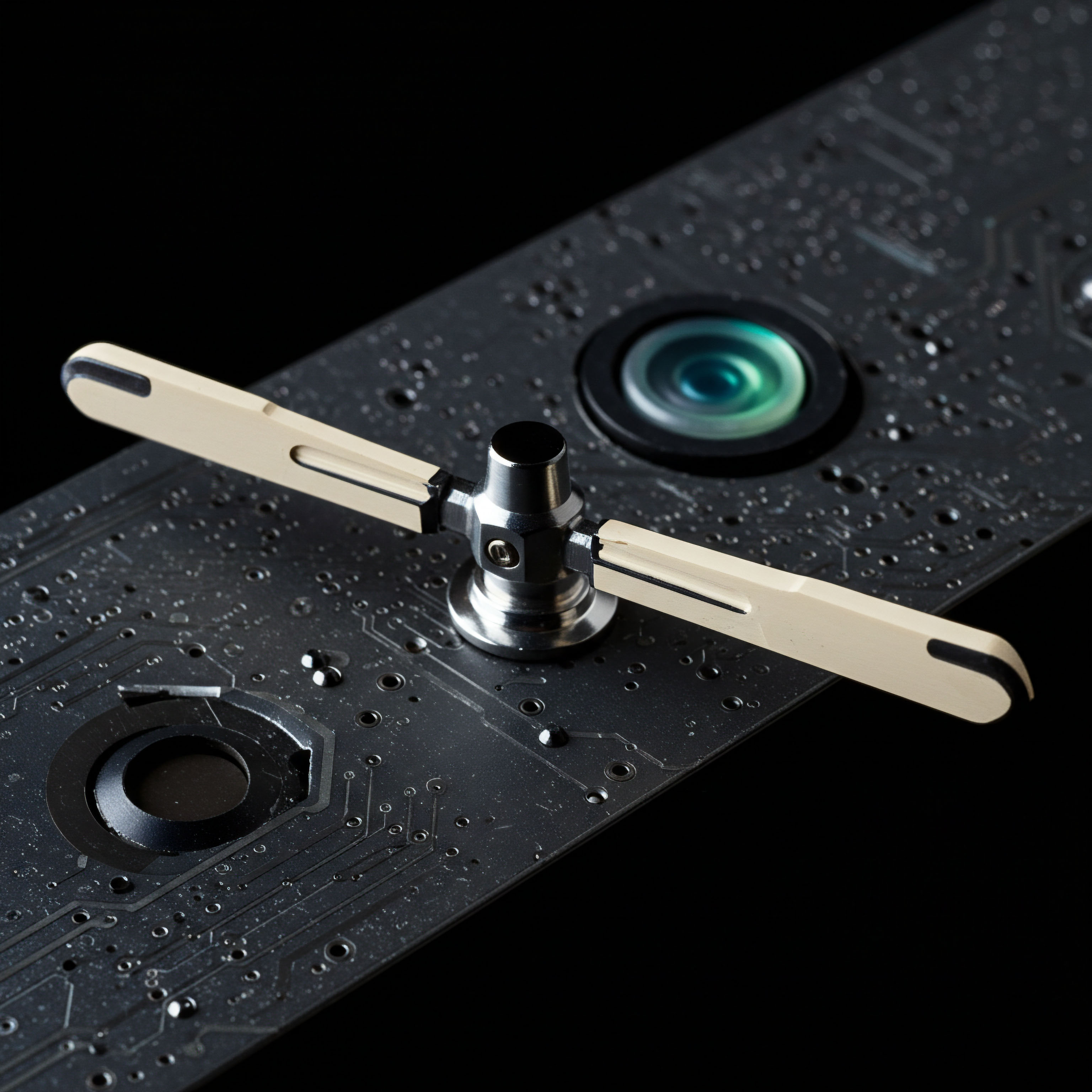 This macro shot displays a polished, metallic central pivot supporting two cream-colored, blade-like indicators positioned over a dark printed circuit board PCB surface, suggesting complex financial instrumentation. The substrate features etched trace pathways and embedded optical elements resembling miniature lenses or sensors, indicative of high-frequency trading infrastructure or on-chain data aggregation. This visual metaphor speaks to measuring the time-weighted average price TWAP of volatile crypto assets or monitoring execution latency in decentralized exchange DEX order books. The structure embodies the complex mechanics underpinning options delta hedging within decentralized finance DeFi protocols, reflecting the constant calibration needed for automated market maker AMM efficiency and strike price determination across perpetual futures markets.