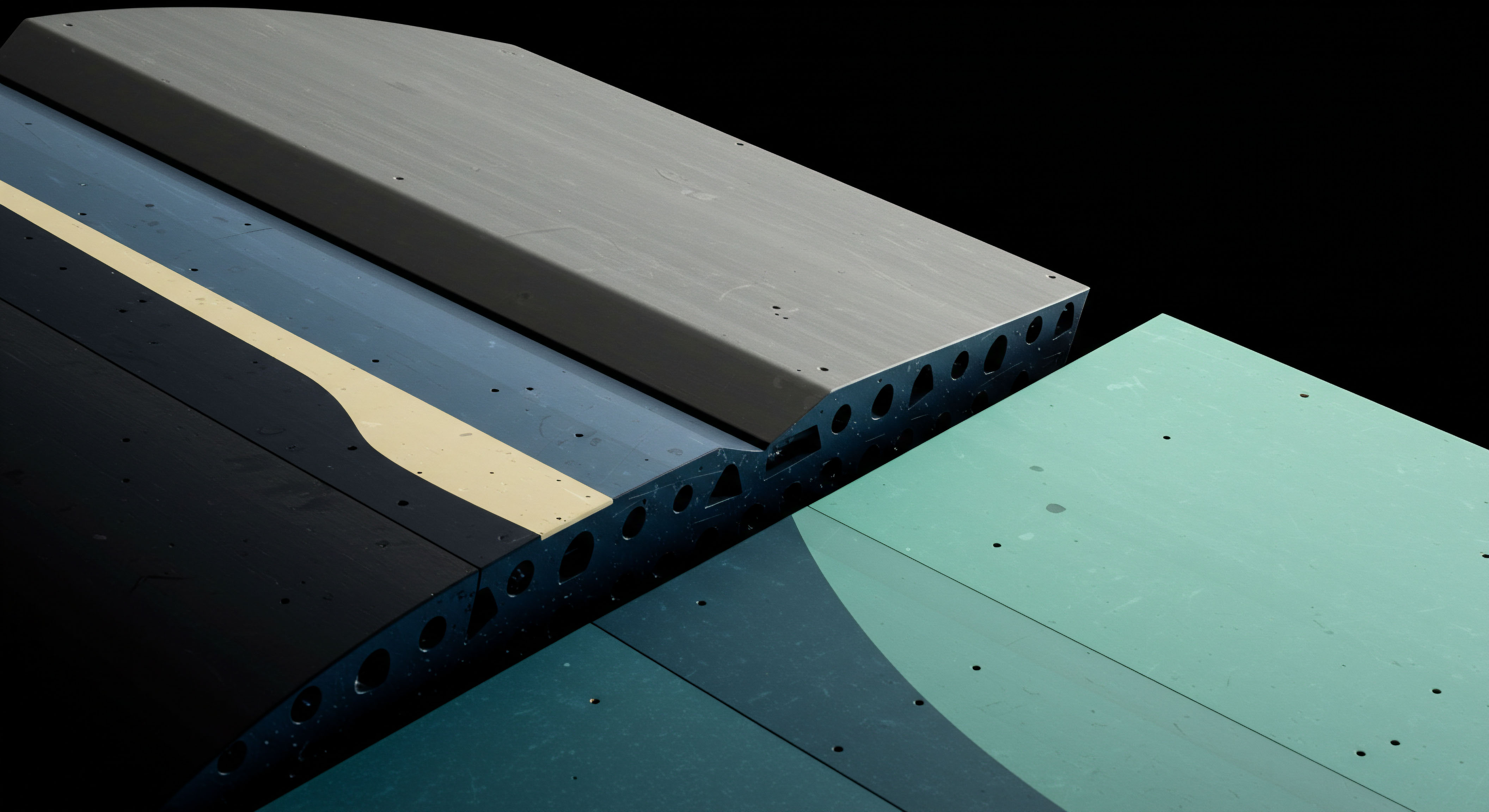 This composite structure visually models the layered architecture of decentralized finance infrastructure, perhaps representing disparate blockchain consensus mechanisms or complex derivative protocols. The distinct planar surfaces ▴ one dark segmented with yellow/blue banding, another a muted grey airfoil cross section revealing internal structural voids, and a final light teal base ▴ symbolize segregated liquidity pools or varying collateral tiers in structured products. The precise engineering, evidenced by the drilled apertures in the core element, suggests robust security and minimized systemic risk analogous to overcollateralized tokenized assets or sophisticated yield farming vaults. This juxtaposition reflects the non-fungible complexity inherent in smart contract execution underpinning synthetic asset issuance and perpetual futures trading mechanisms.