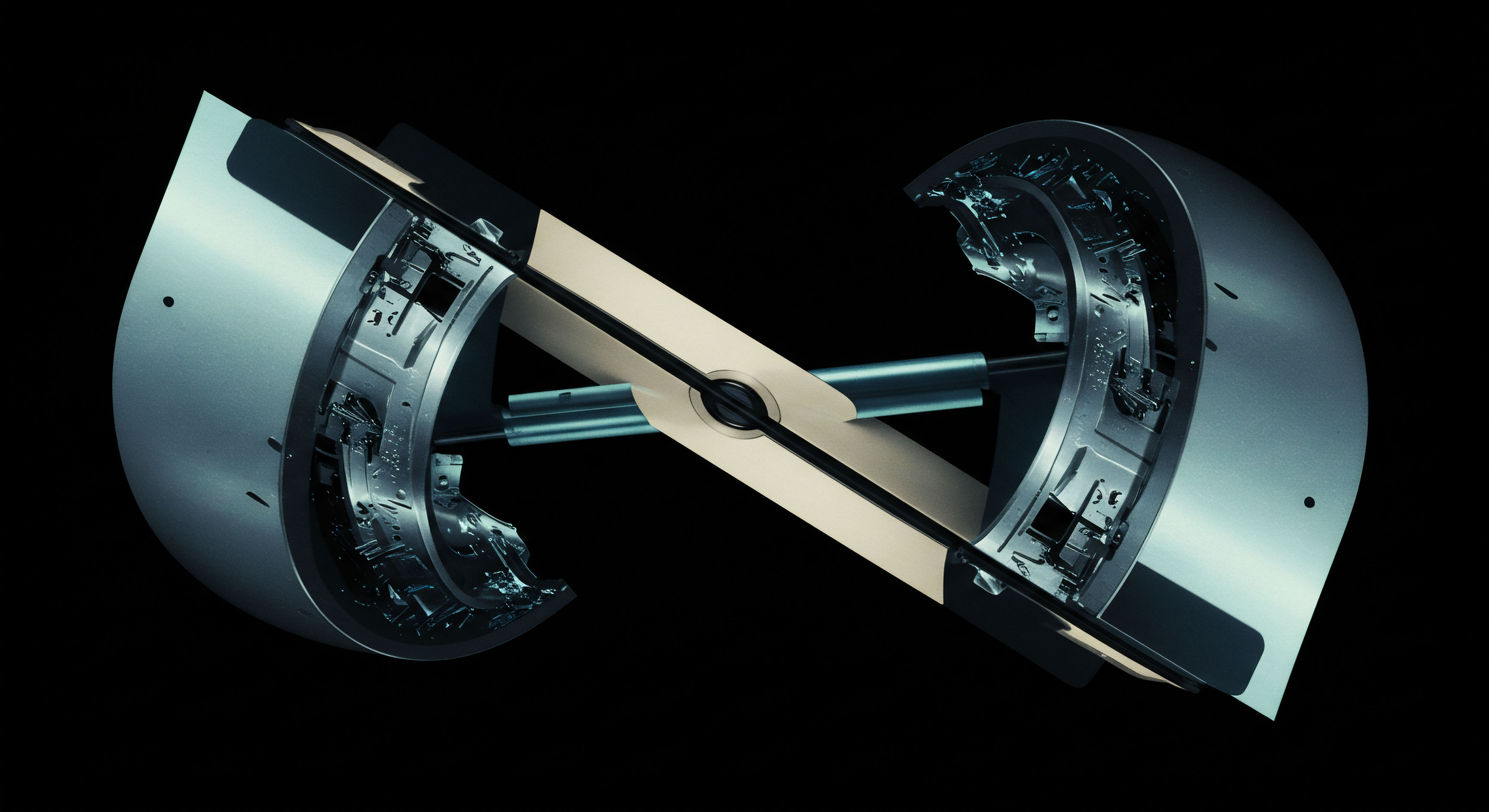 This rendering depicts a complex mechanical structure separated into two opposing semi-cylindrical casings revealing an intricate core assembly against absolute blackness. The internal mechanics showcase interlocking planar elements resembling a crossed axis or an hourglass form, indicative of coupled systems. This visualization abstracts the concept of instantaneous liquidation across decentralized finance protocols where collateralized debt positions require precise balancing. The illuminated internal circuitry suggests smart contract logic governing margin requirements for perpetual swaps traded against underlying spot asset volatility. Keywords include collateralized debt positions decentralized finance DeFi options Greeks time decay implied volatility perpetual swaps black swan event execution venue tokenization. The structure symbolizes the delicate equilibrium required to manage counterparty risk in high-leverage crypto derivatives markets.