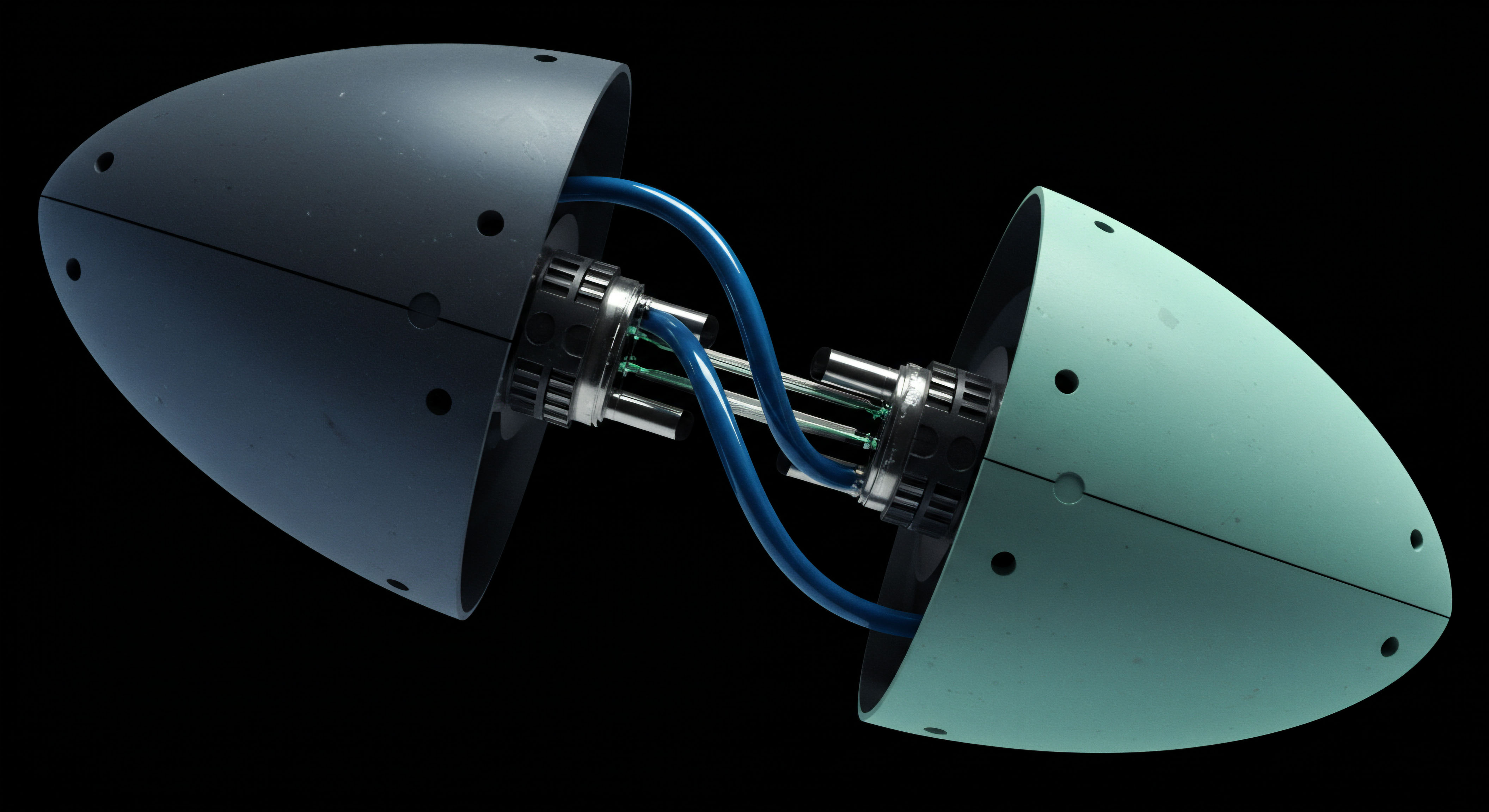Two symmetrically opposed, streamlined ovoid casings, rendered in matte slate grey and pale seafoam green, are separated revealing internal mechanical interfaces. This visual dichotomy represents the atomic fission of a secure hardware wallet separating its cold storage from its hot execution environment, symbolized by the interwoven blue data conduits connecting specialized metallic receptacles. These receptacles suggest secure enclave modules facilitating atomic swaps or cross-chain interoperability layers. The internal structure hints at cryptographic primitive processing, vital for non-custodial key management and verifying blockchain consensus mechanisms. Such separation mitigates counterparty risk inherent in centralized exchanges, mirroring advanced portfolio hedging strategies utilizing options Greeks across decentralized finance protocols for delta-neutral exposure management in volatile digital asset markets.
