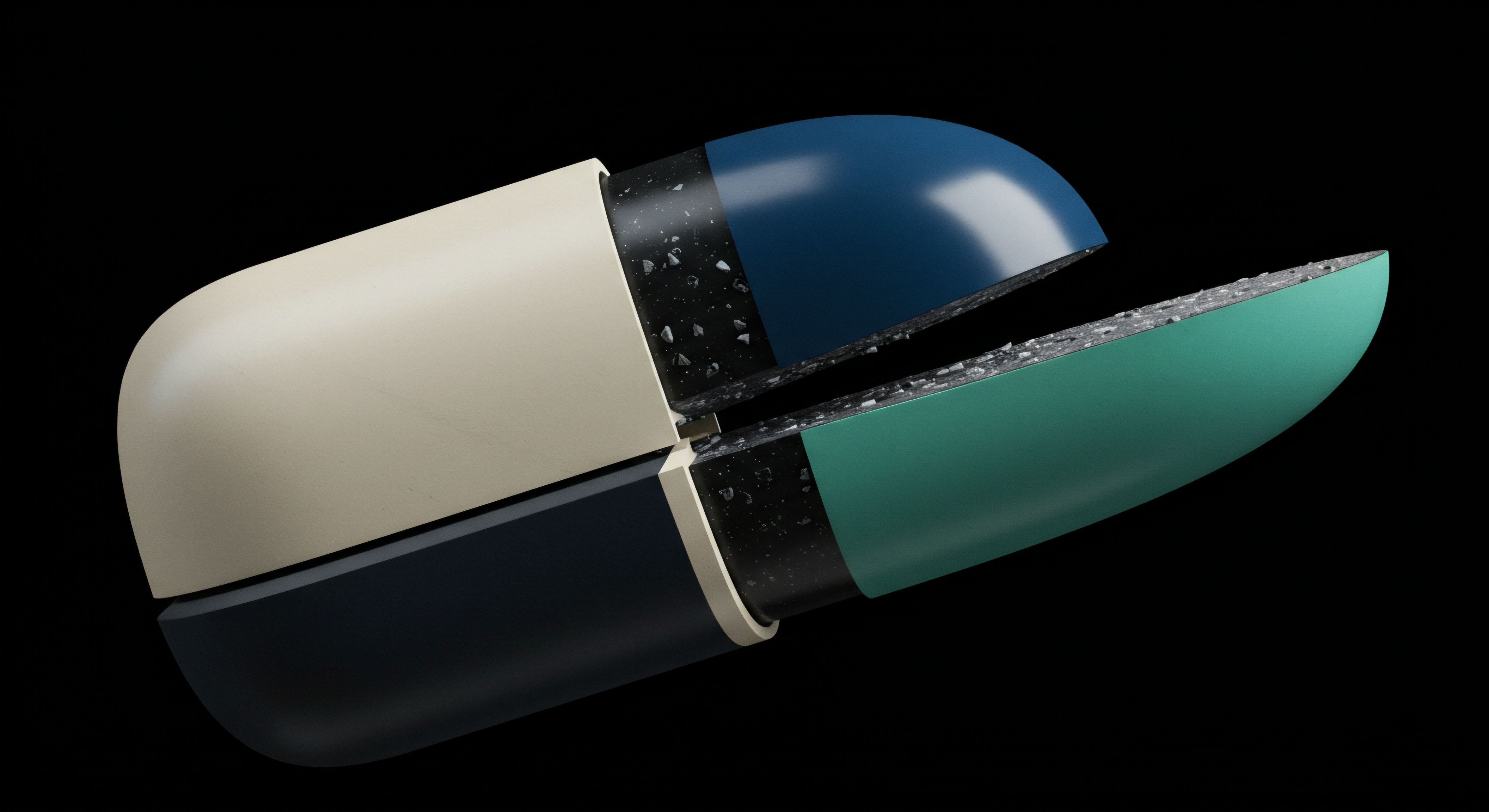 This visual dissection models a layered asset structure, akin to a complex financial instrument's decomposition. The split entity, featuring contrasting smooth exteriors and a coarse, granular internal matrix suggests a novel token encapsulation mechanism or a secure storage vault for private keys. The deep blue and teal endpoints contrast sharply with the beige structural body, potentially symbolizing disparate collateral pools or different tranches of a collateralized debt obligation structure within decentralized finance DeFi mechanisms. The visible granular texture represents underlying, fragmented, or hashed data integrity, crucial for validating on-chain settlement of perpetual futures contracts or high-frequency options executions against underlying spot volatility. This fragmentation hints at atomic swaps complexity or the internal mechanics of non-custodial solutions safeguarding oracle feed inputs.