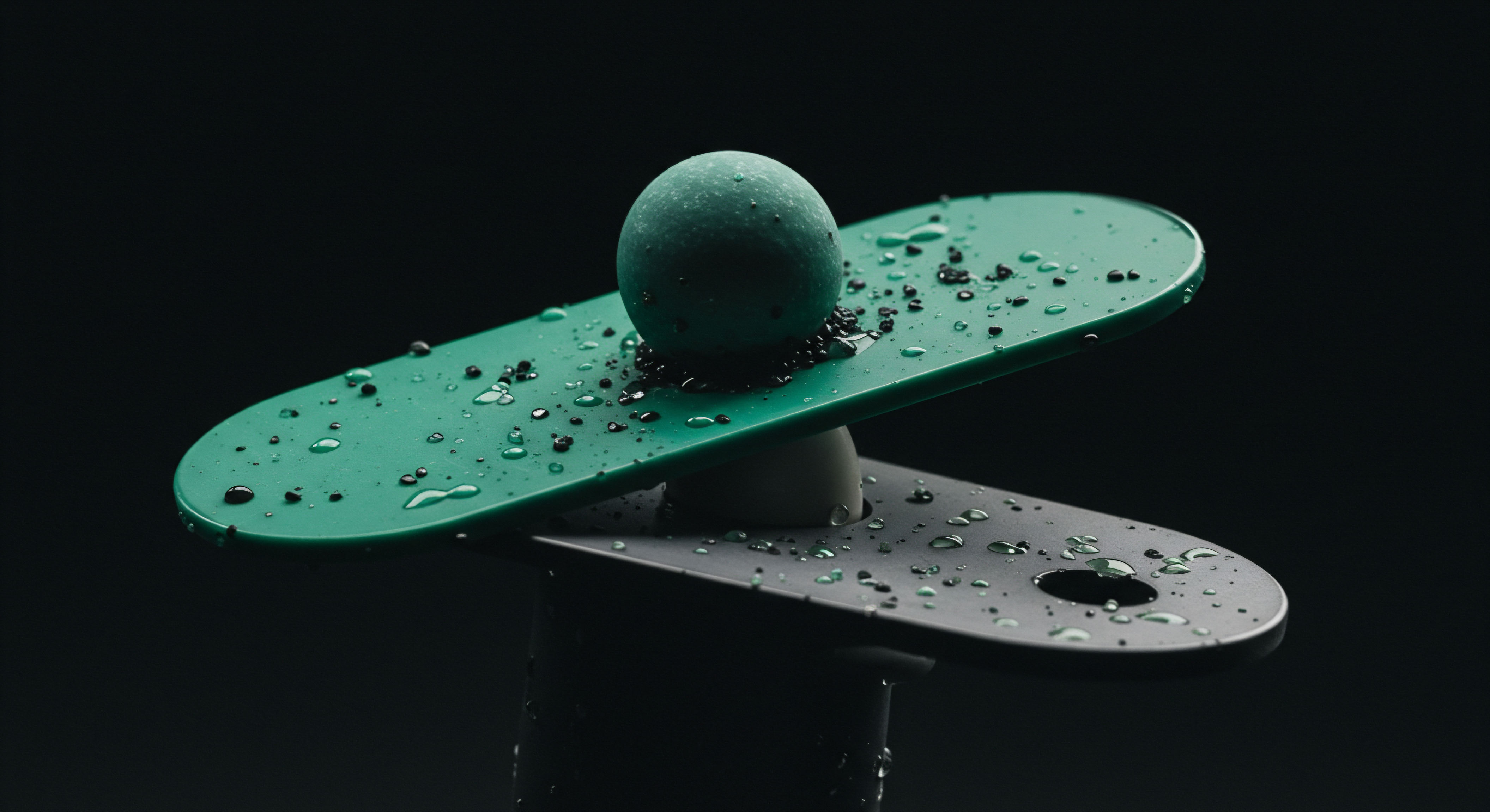 This stark visual metaphor illustrates the precarious equilibrium within decentralized finance markets mirroring options trading mechanics. A teal, water-beaded planar element rests atop a charcoal base, supporting a textured teal sphere, suggestive of an underlying asset price or perpetual contract position. Dark particulate matter scatters near the sphere's base, symbolizing volatility clustering or potential liquidations inherent in high-leverage derivative execution. The composition reflects the delicate balancing act required for maintaining margin health against sudden adverse price action in complex crypto derivatives strategies like butterfly spreads or calendar spreads, requiring precise delta hedging amidst fluctuating on-chain settlement mechanisms.
