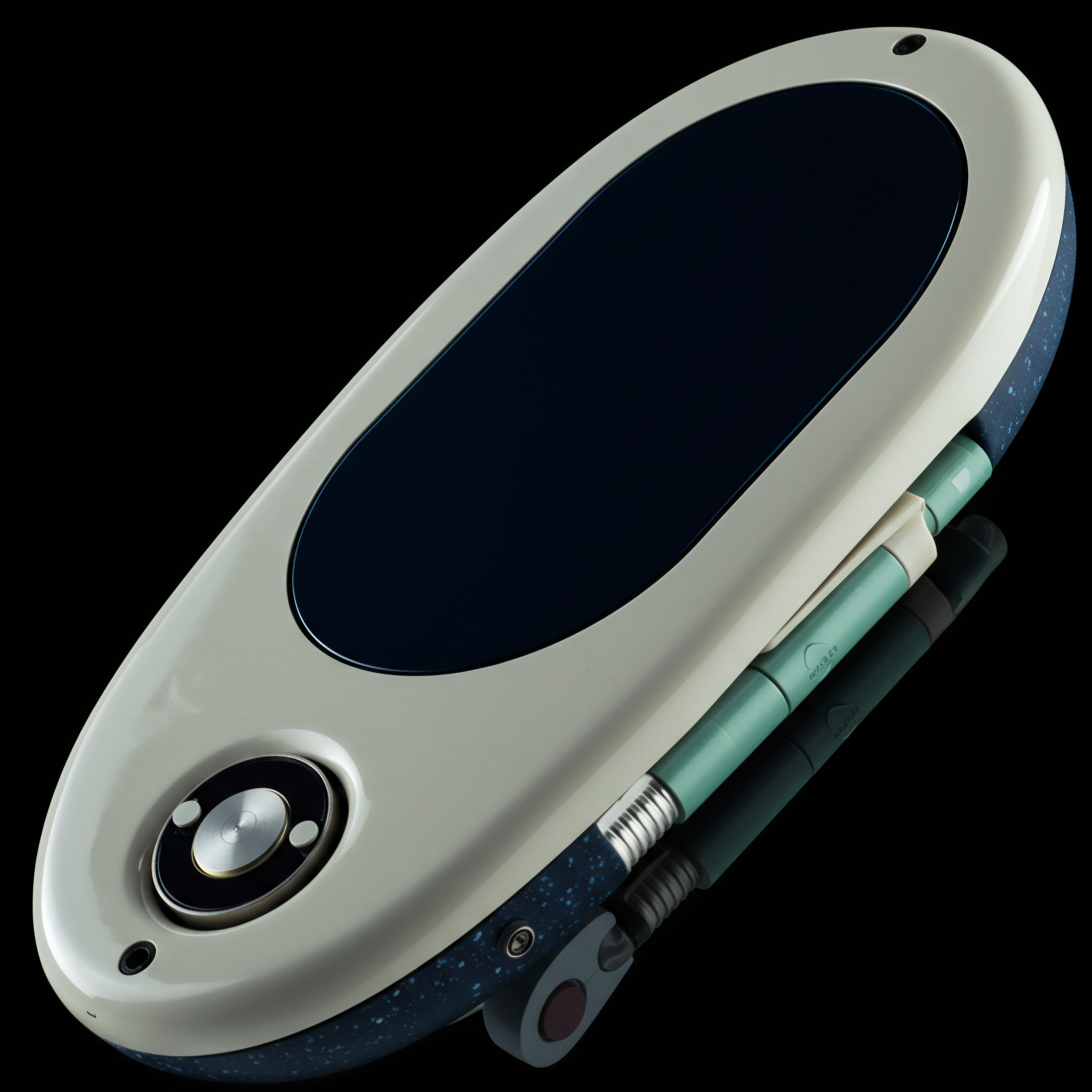 This sleek ovoid device, featuring a high contrast dark display surface framed by ivory composite and speckled cyan housing, visually models a dedicated hardware wallet or cold storage solution for managing digital asset risk exposure. The integrated retractable stylus, rendered in muted teal with metallic spring accents, suggests tactile interaction crucial for authorizing complex blockchain transactions or setting intricate limit orders for perpetual swaps or asset backed security tokens. The circular metallic interface element implies secure key generation or multi factor authentication for DeFi collateral management or accessing options Greeks visualizations on a permissioned ledger system, embodying cryptographic security protocols essential for minimizing counterparty risk in decentralized finance.